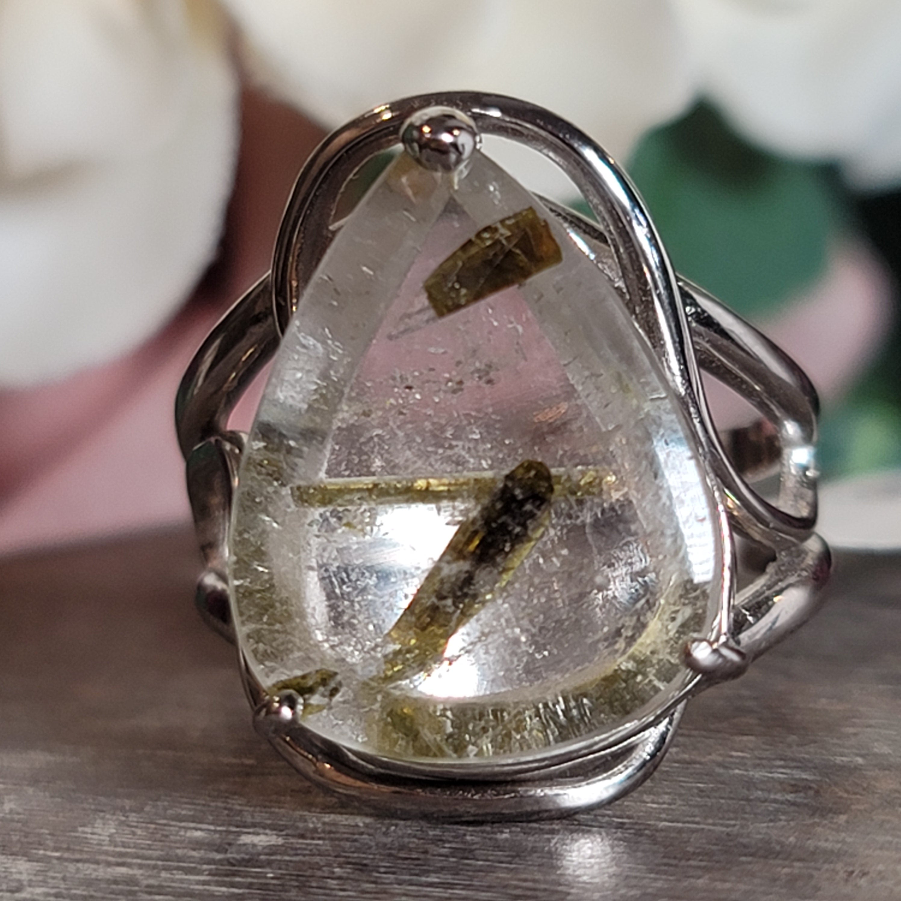 Epidote in Quartz .925 Silver Adjustable Ring Cuff for Abundance, New Relationships and a Positive Outlook