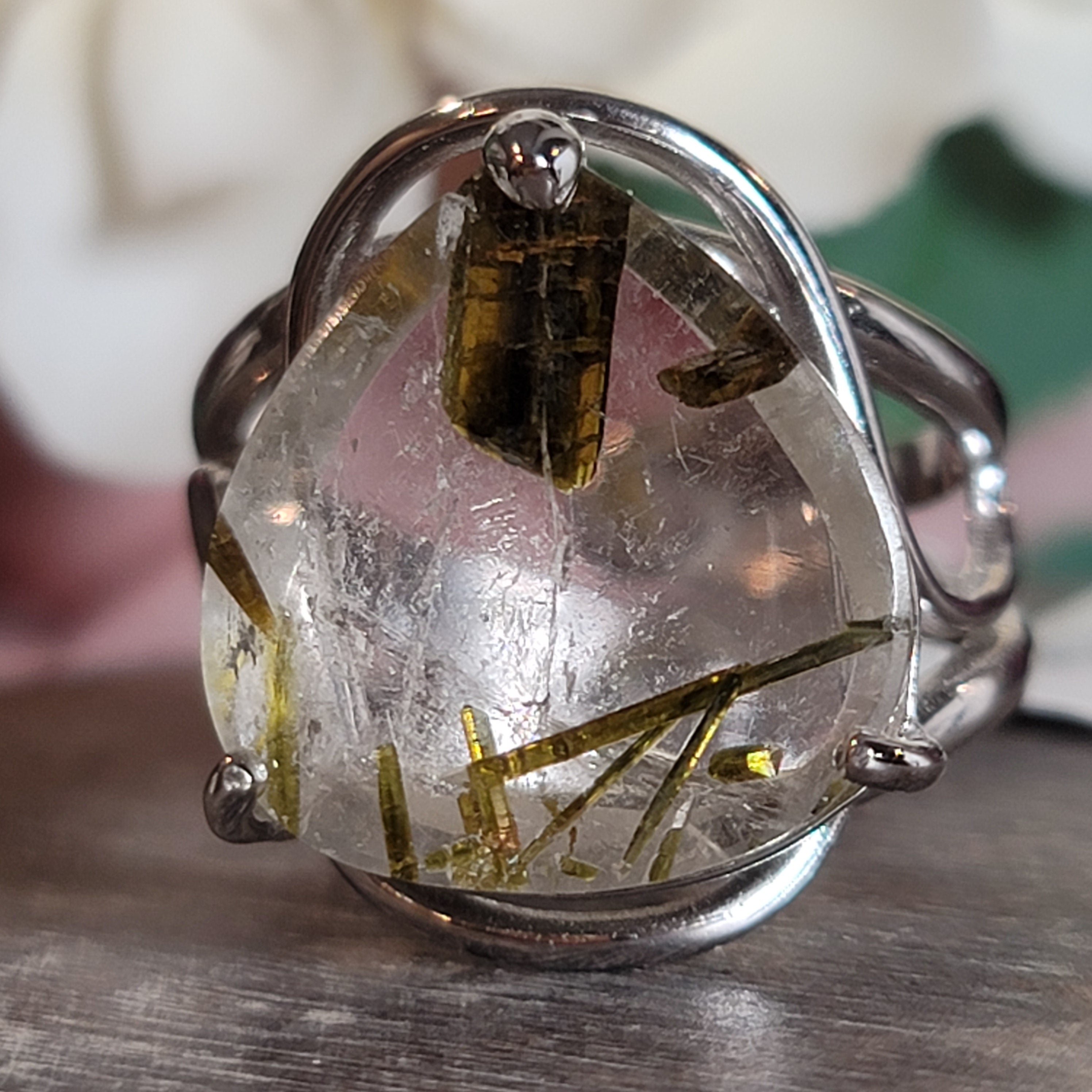 Epidote in Quartz .925 Silver Adjustable Ring Cuff for Abundance, New Relationships and a Positive Outlook