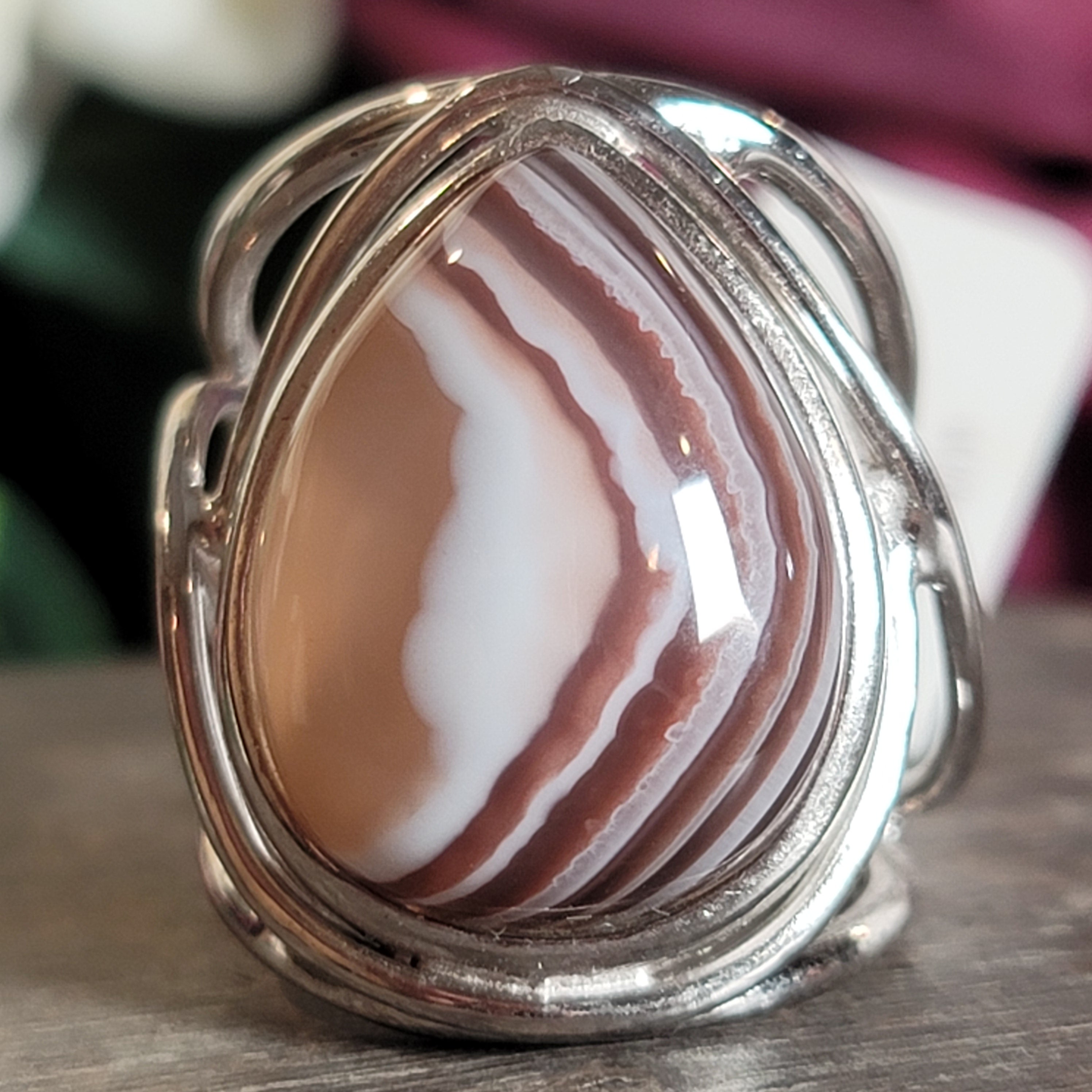 Botswana Agate Adjustable Cuff Ring .925 Silver for Hope, Protection and Strength