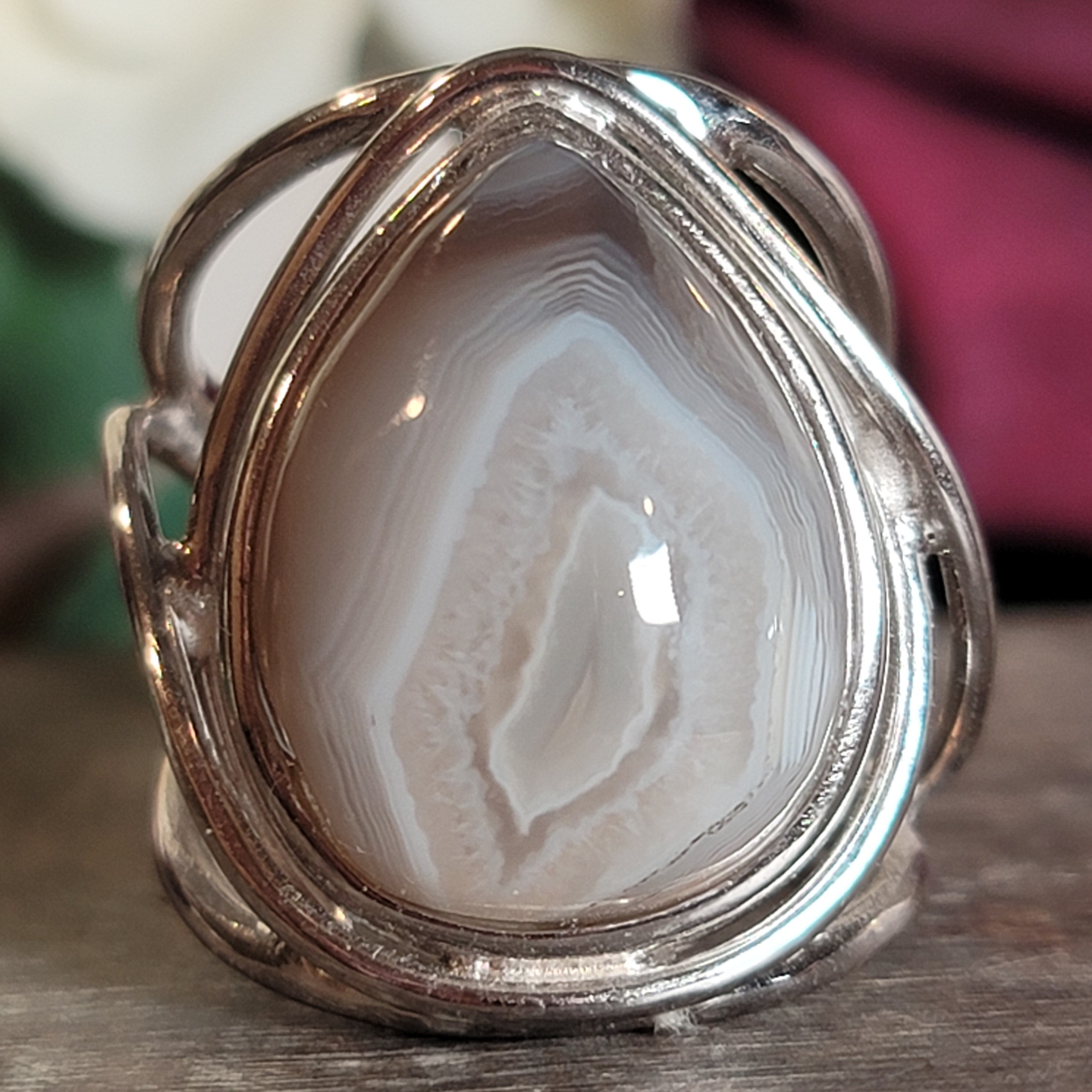 Botswana Agate Adjustable Cuff Ring .925 Silver for Hope, Protection and Strength