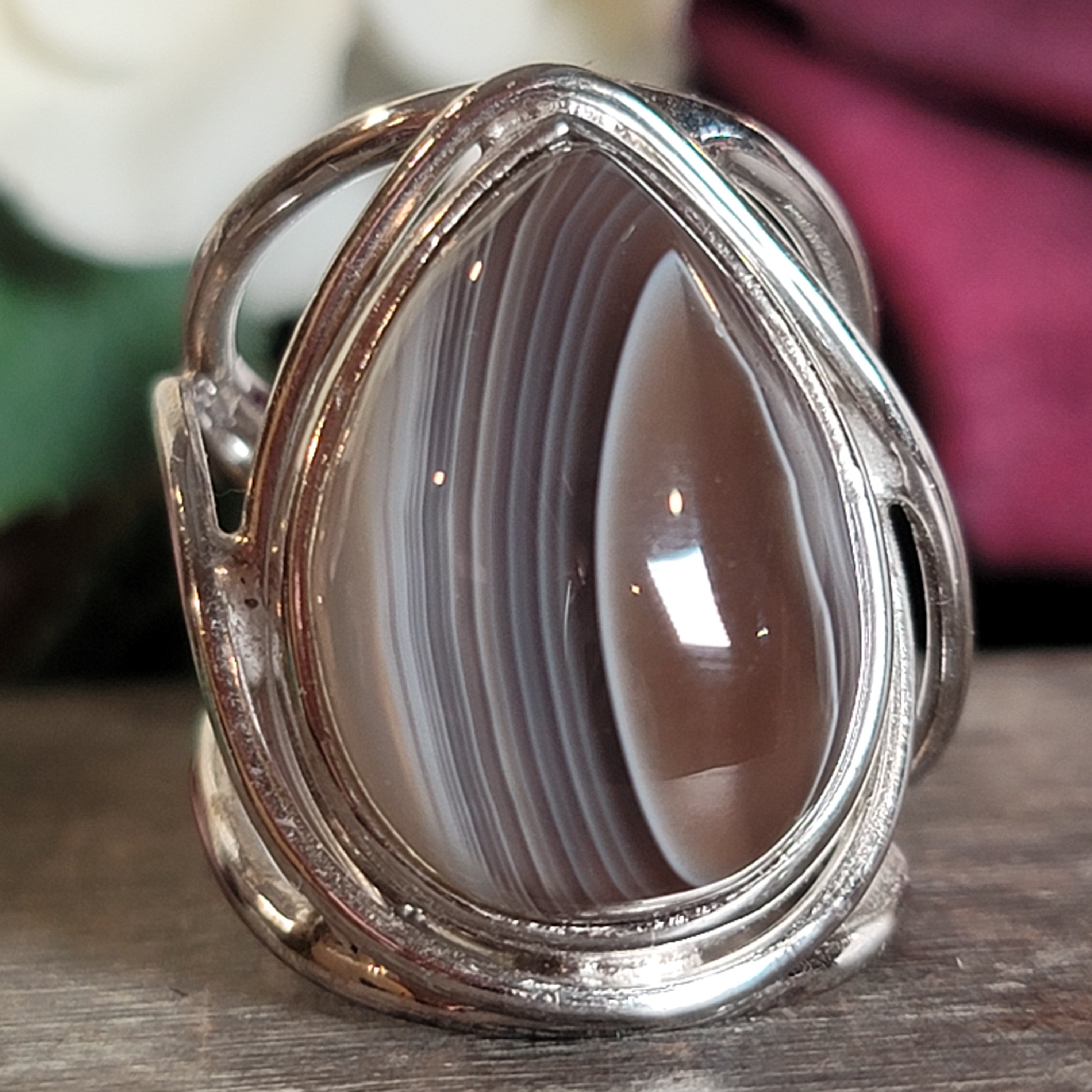 Botswana Agate Adjustable Cuff Ring .925 Silver for Hope, Protection and Strength