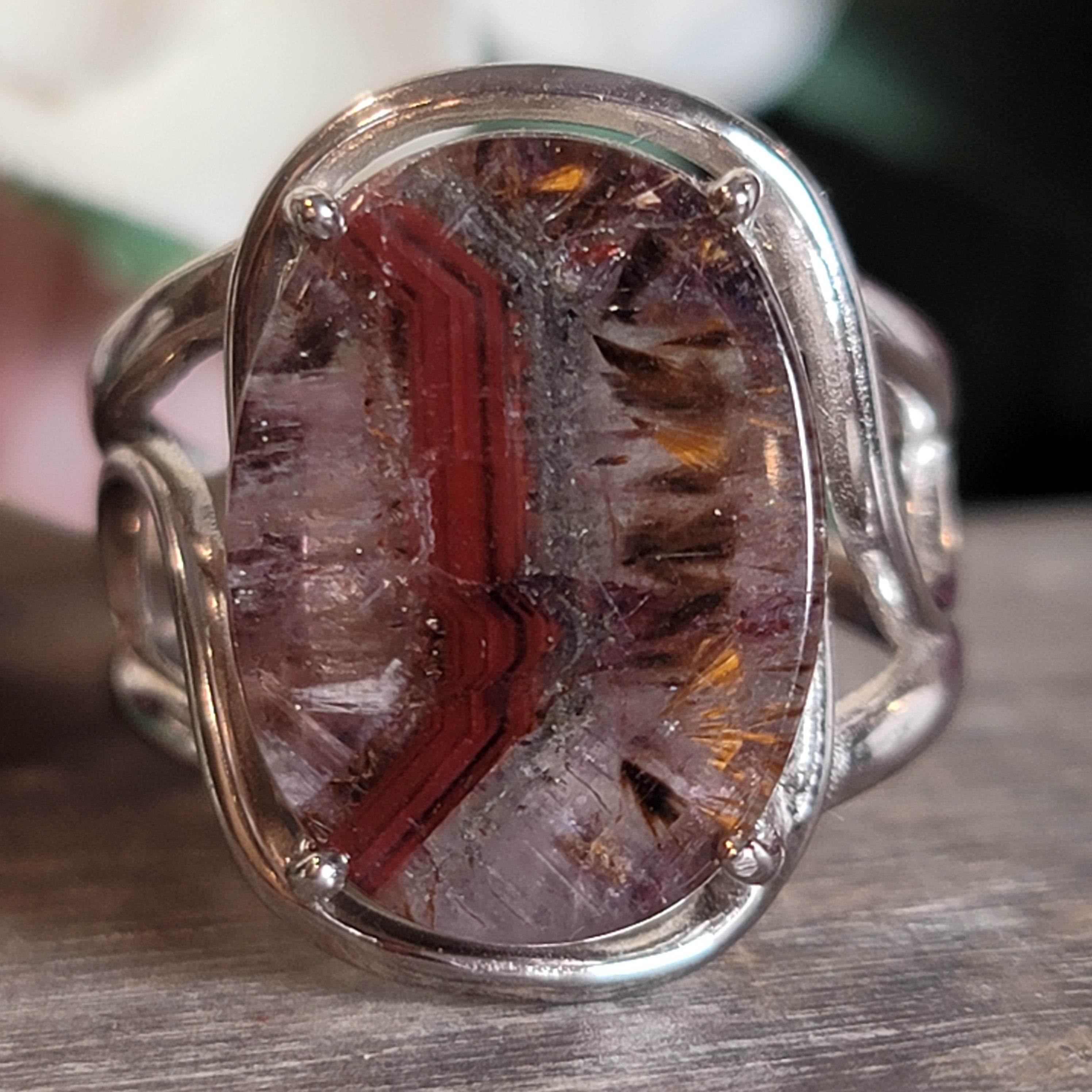 Deep Divine Auralite 23 Adjustable Cuff Ring .925 Silver for Intuition and Protection