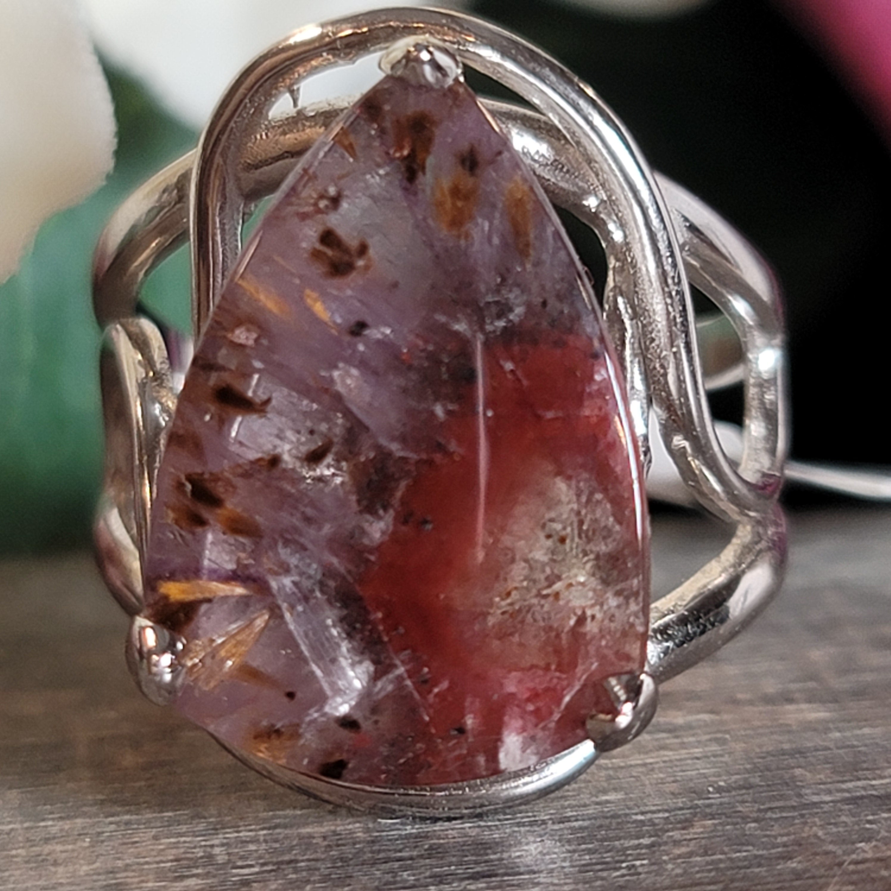 Deep Divine Auralite 23 Adjustable Cuff Ring .925 Silver for Intuition and Protection