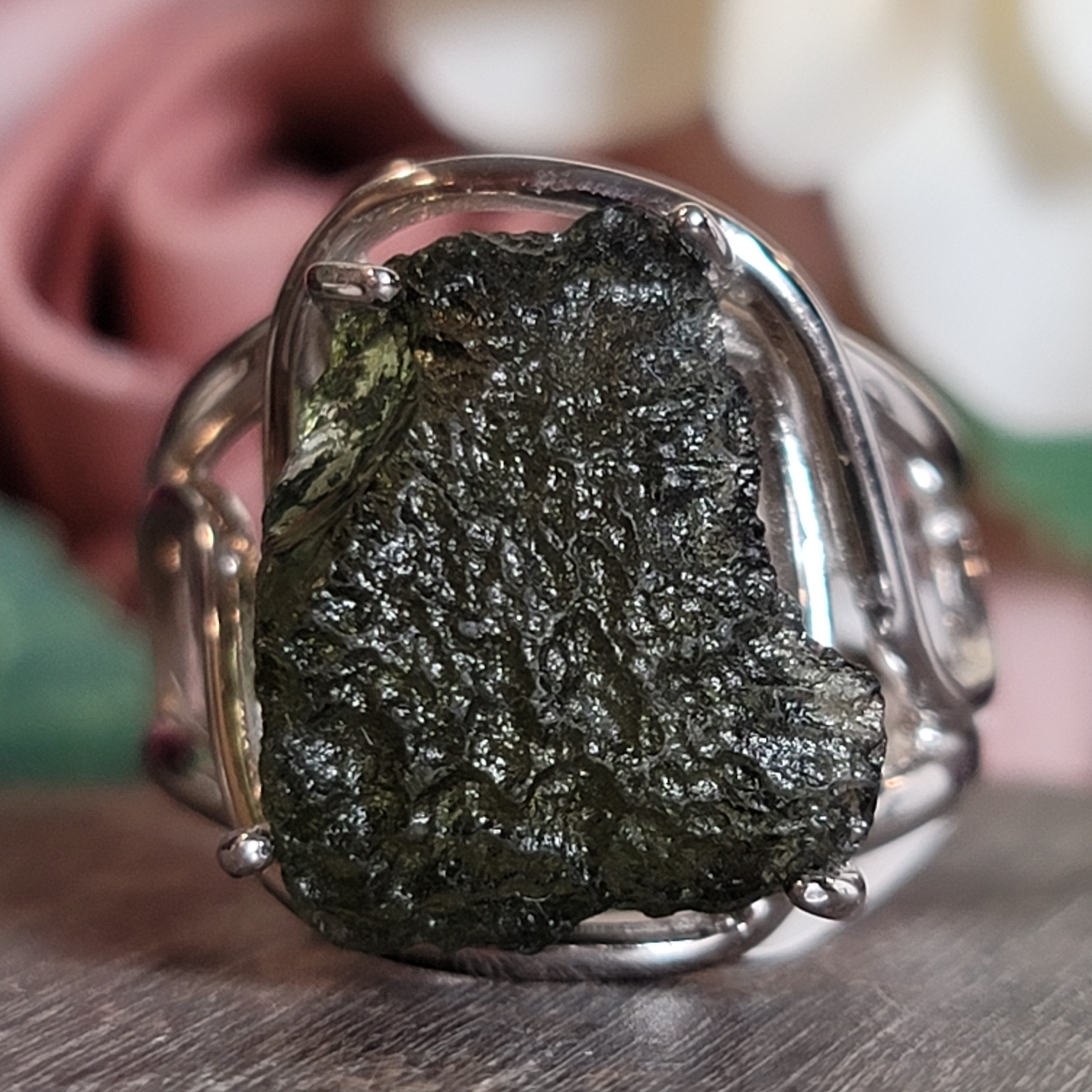 Moldavite Cuff Ring Adjustable Ring .925 Silver for Creating your Dream Life