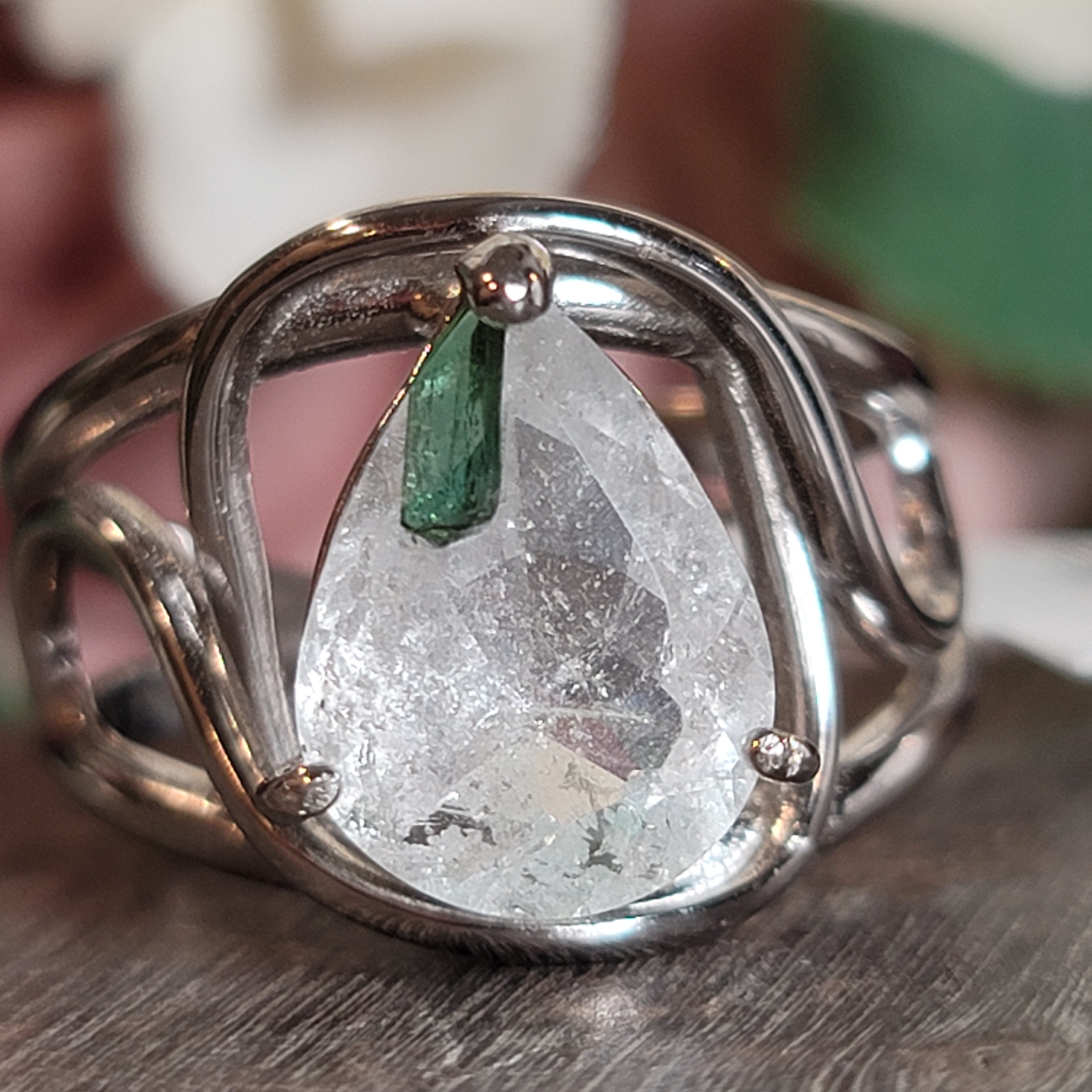 Tourmaline in Quartz Cuff Ring  Adjustable Ring .925 Sterling Silver for Emotional Healing, Kindness and Joy