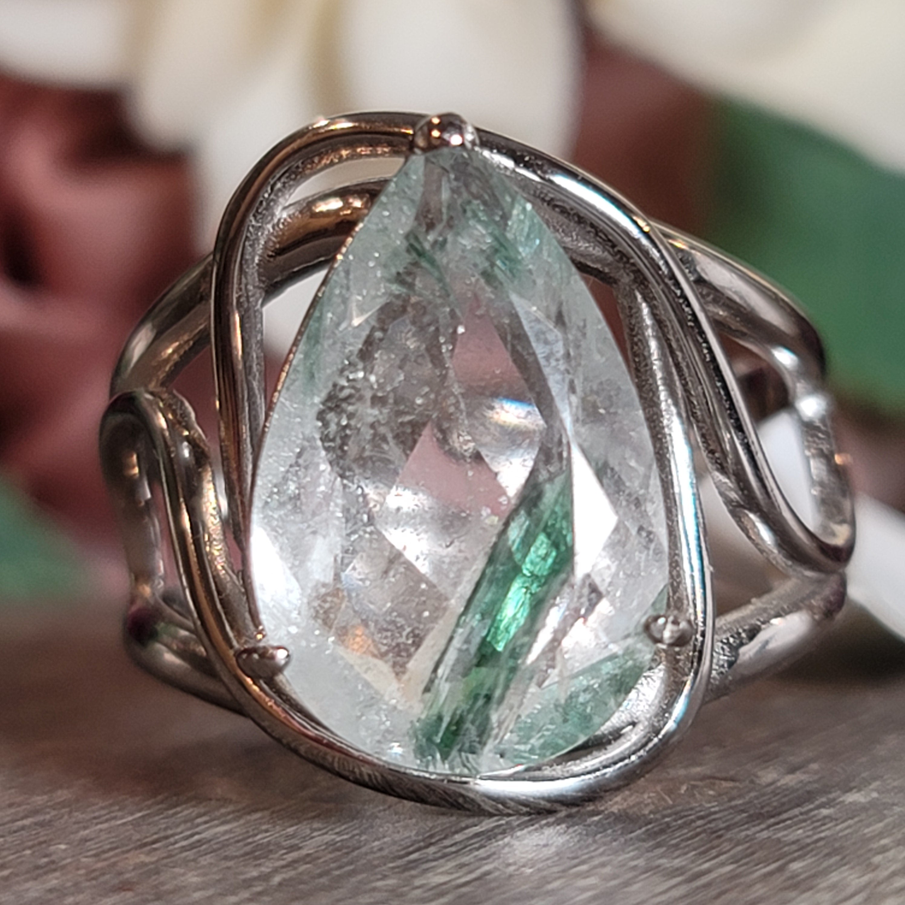 Tourmaline in Quartz Cuff Ring  Adjustable Ring .925 Sterling Silver for Emotional Healing, Kindness and Joy