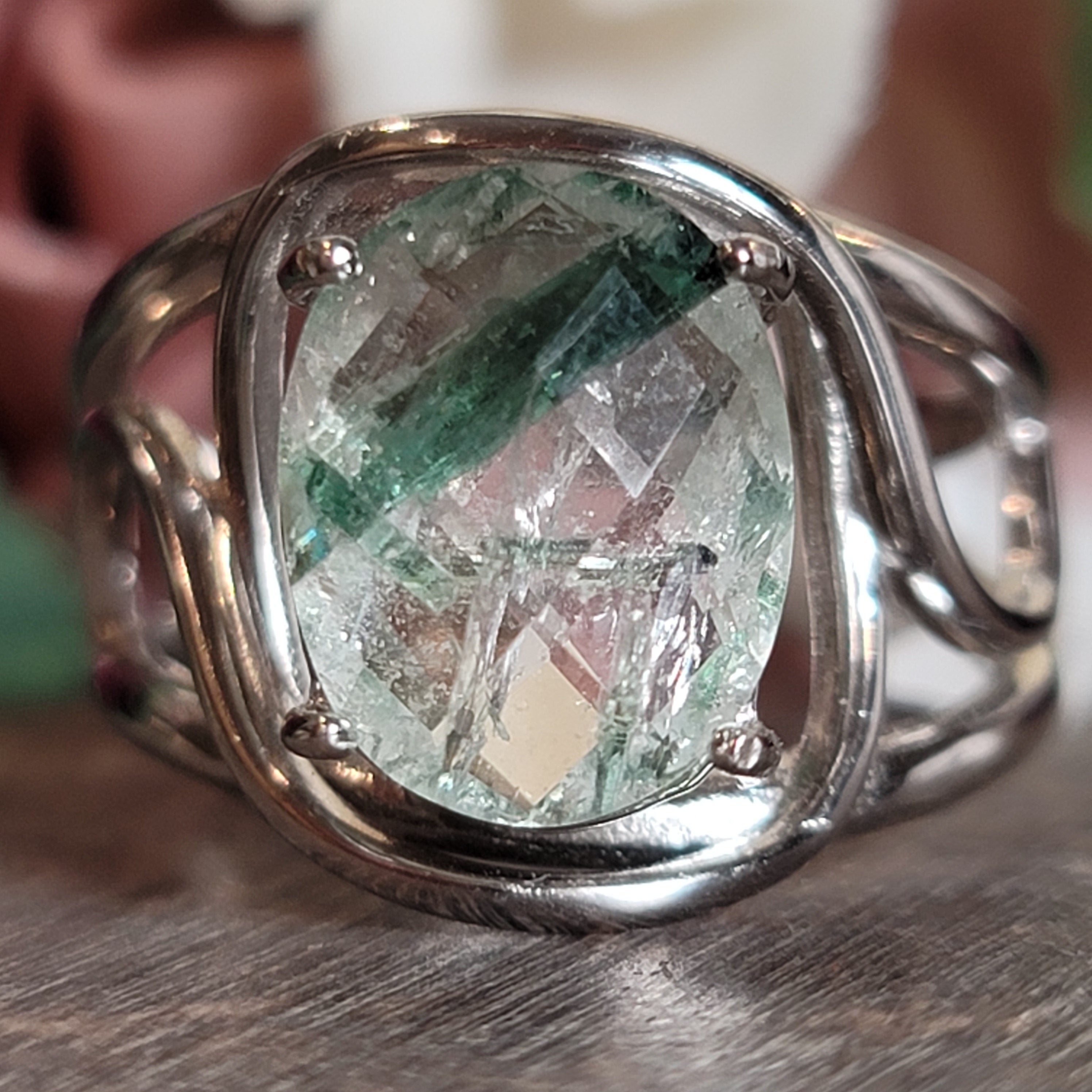 Tourmaline in Quartz Cuff Ring  Adjustable Ring .925 Sterling Silver for Emotional Healing, Kindness and Joy