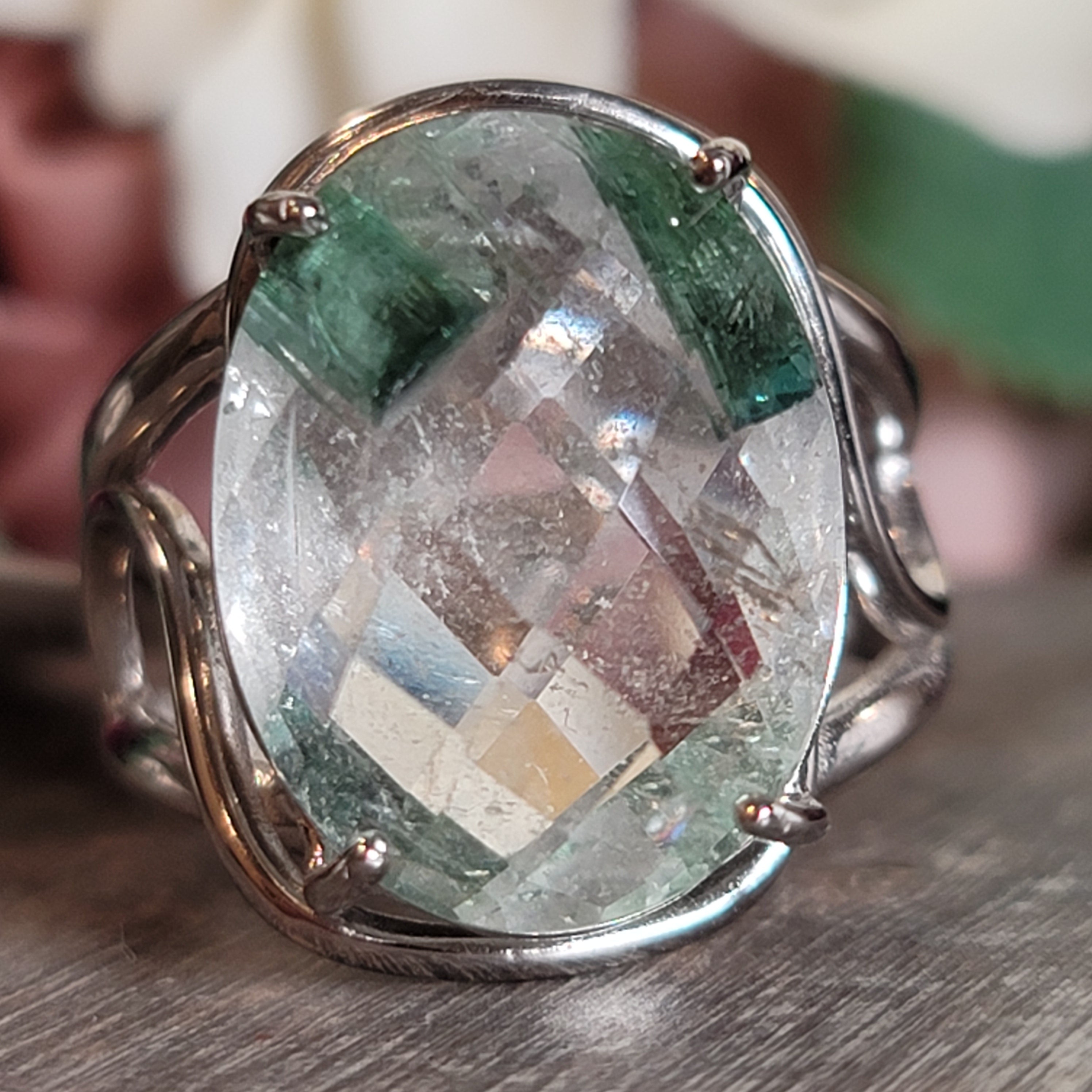 Tourmaline in Quartz Cuff Ring  Adjustable Ring .925 Sterling Silver for Emotional Healing, Kindness and Joy