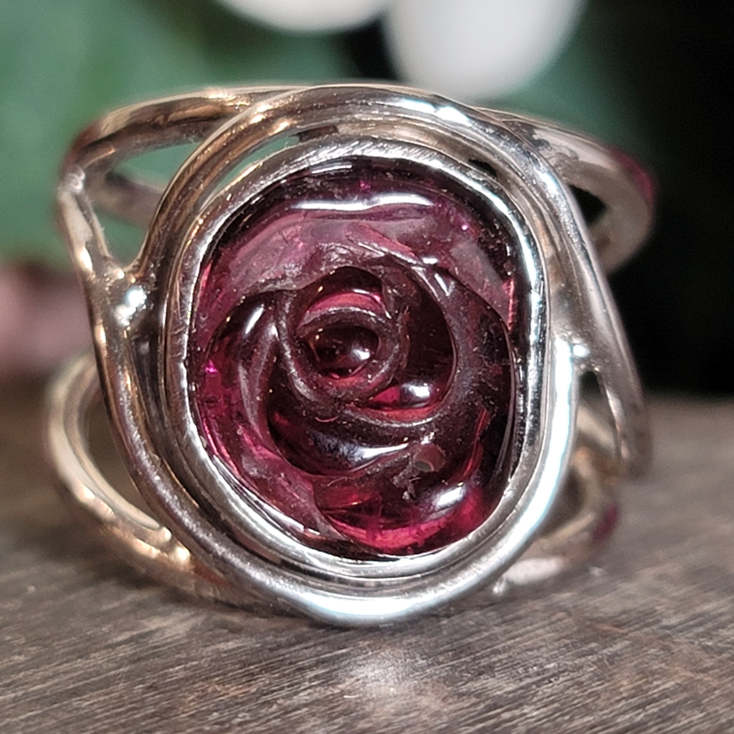 Rhodonite Garnet Flower Ring Cuff Adjustable Ring .925 Sterling Silver for Attracting Love, Harmonizing Relationships and Knowing your Worth