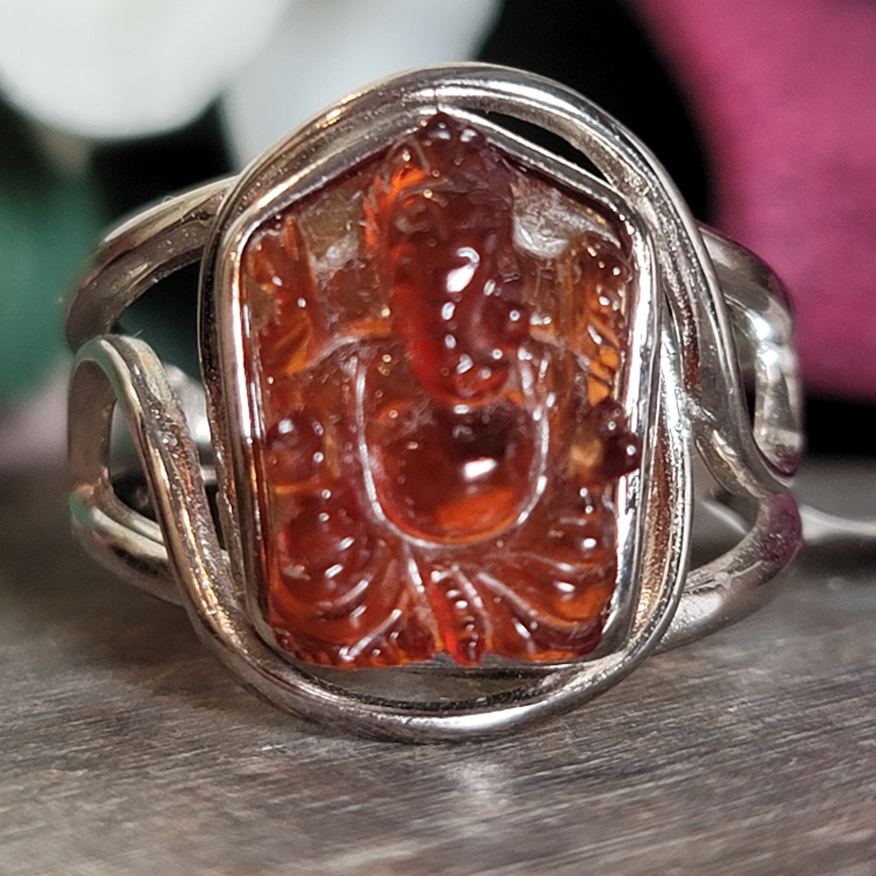 Hessonite Garnet Ganesha Cuff Ring in .925 Silver for Manifesting Love and Success in your Career, Protection and Wealth