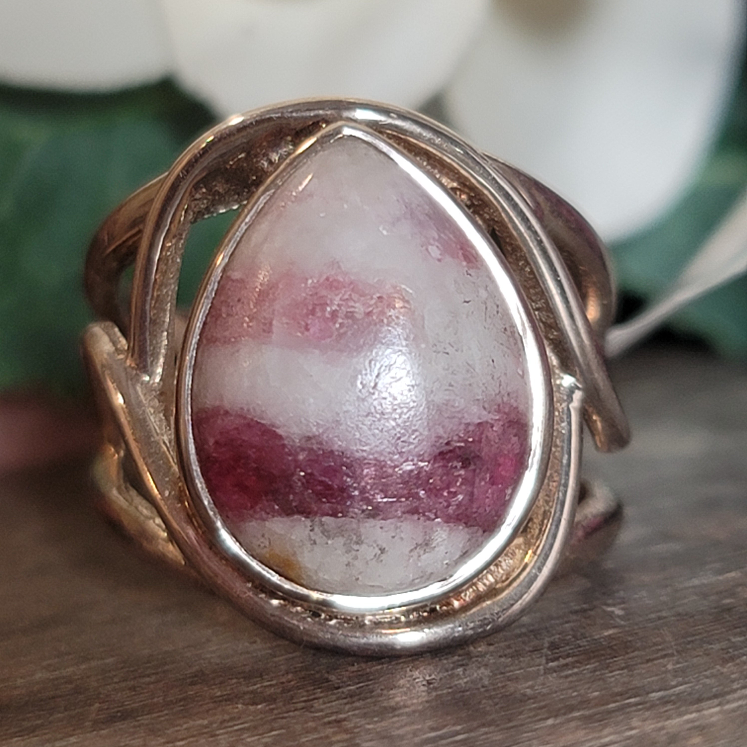 Pink Tourmaline in Quartz Ring Cuff Adjustable Ring .925 Sterling Silver for Emotional Healing, Kindness and Joy