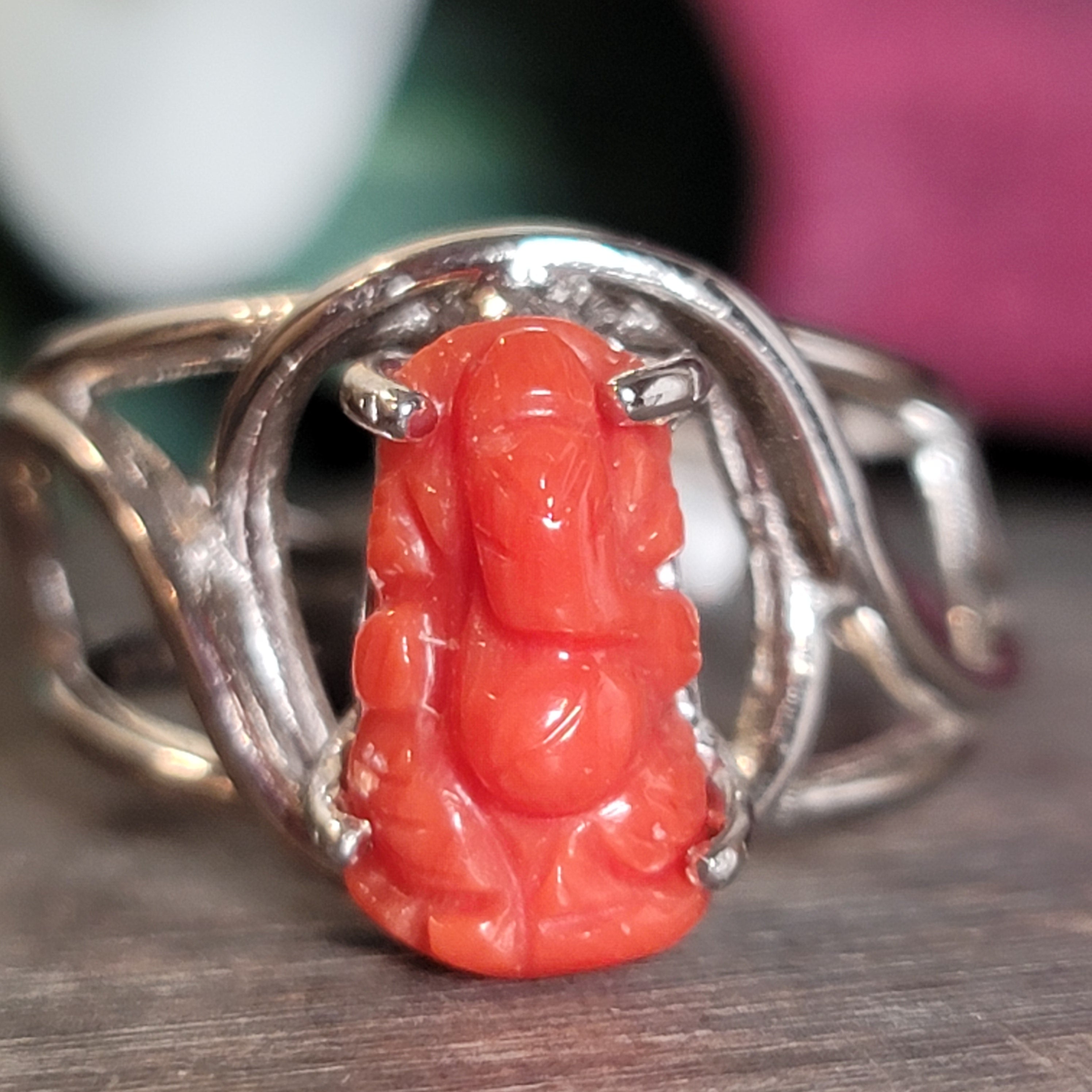 Coral Ganesha Cuff Ring .925 Silver for Healing Trauma, Stability and Wisdom