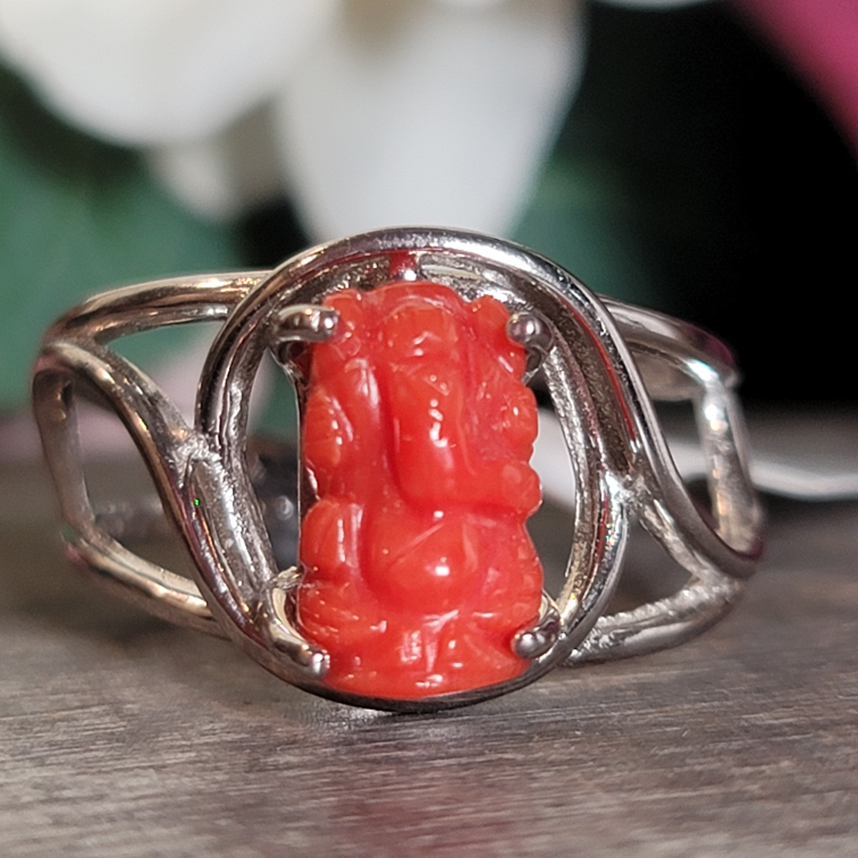 Coral Ganesha Cuff Ring .925 Silver for Healing Trauma, Stability and Wisdom