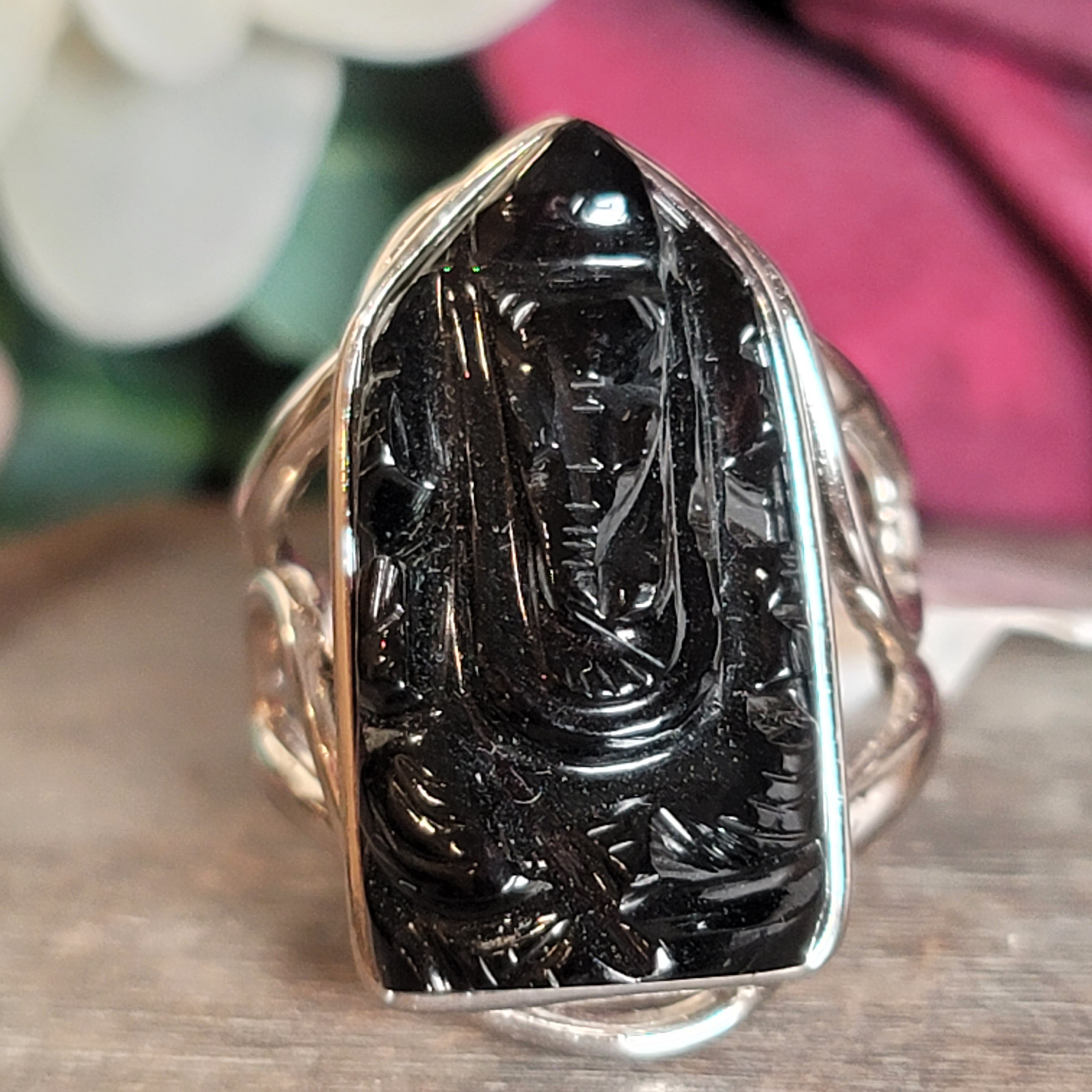 Black Obsidian Ganesha Cuff Ring Adjustable Ring .925 Silver for Divine Guidance and Protection