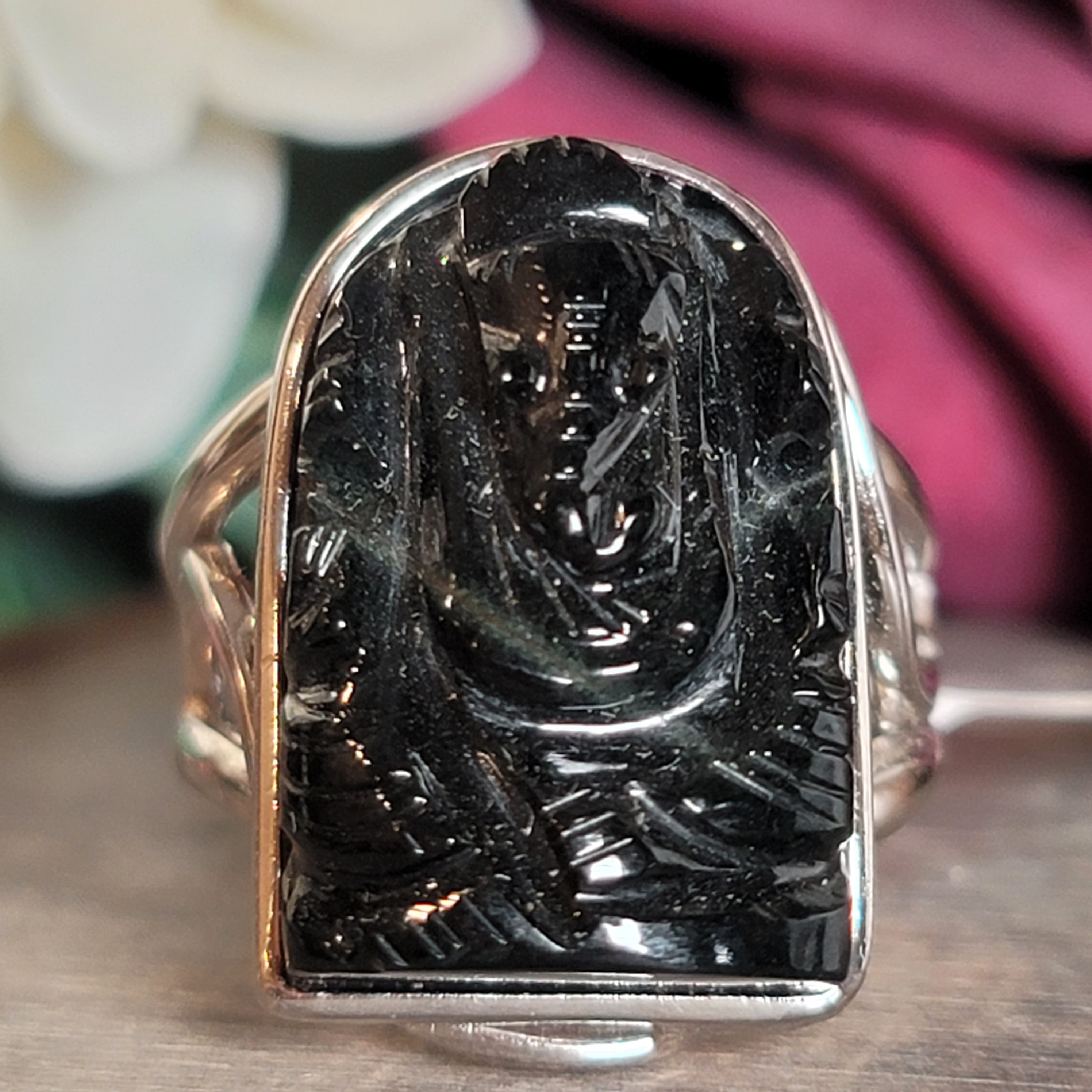 Black Obsidian Ganesha Cuff Ring Adjustable Ring .925 Silver for Divine Guidance and Protection