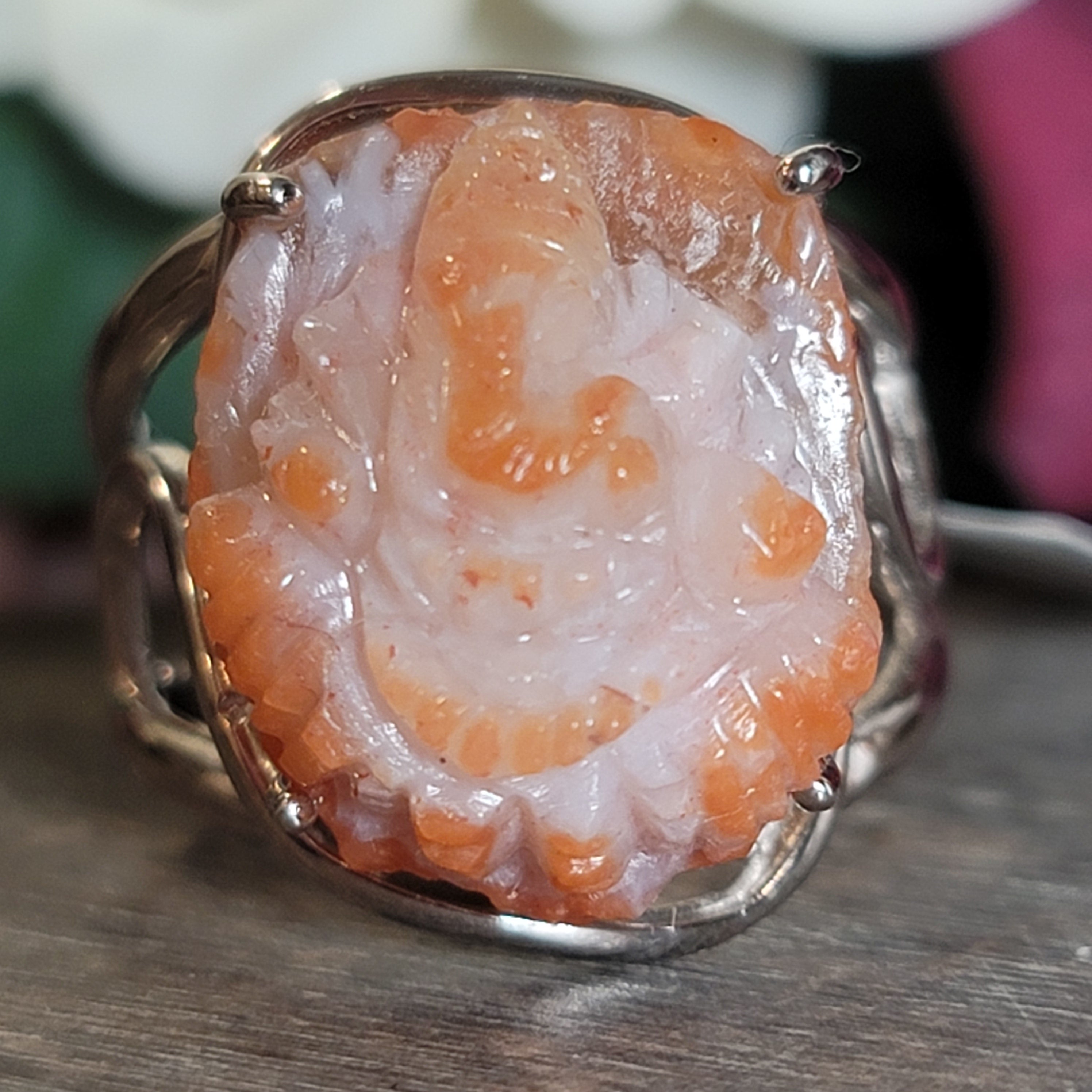 Magma Chalcedony Ganesha Cuff Ring .925 Silver for Promoting Creativity