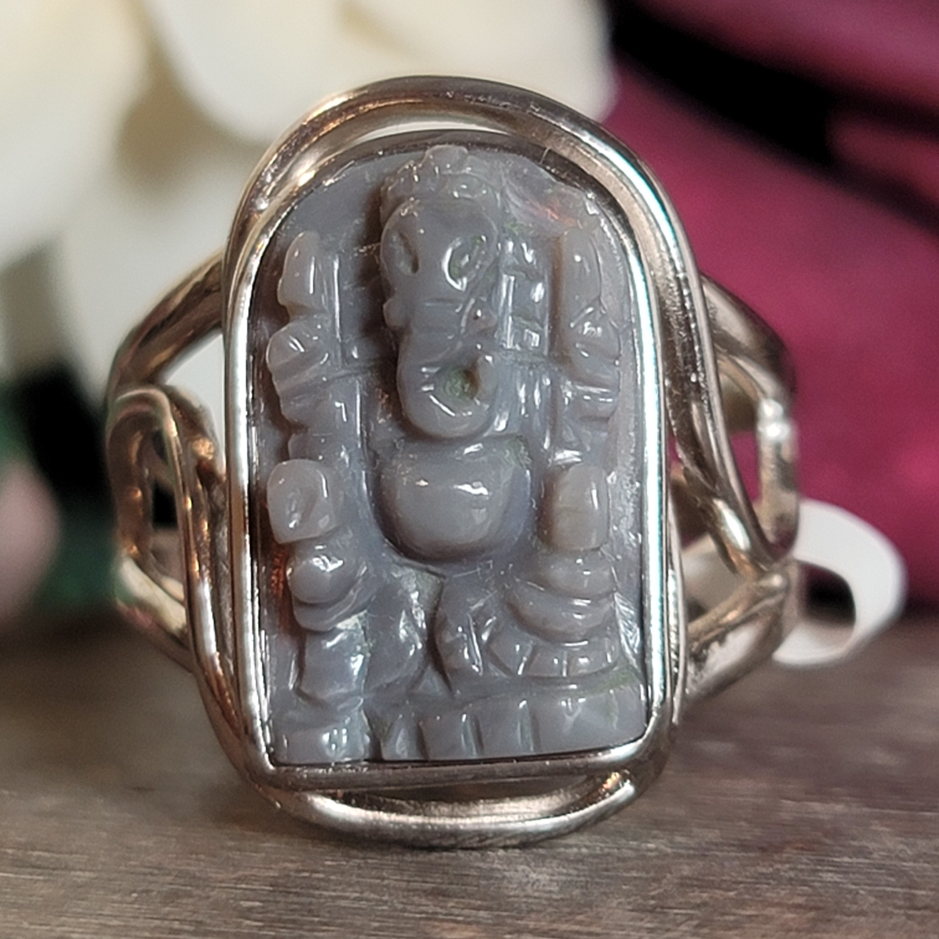 Black Opal Ganesha Cuff Ring Adjustable Ring .925 Silver for Good Luck, Protection and Joy