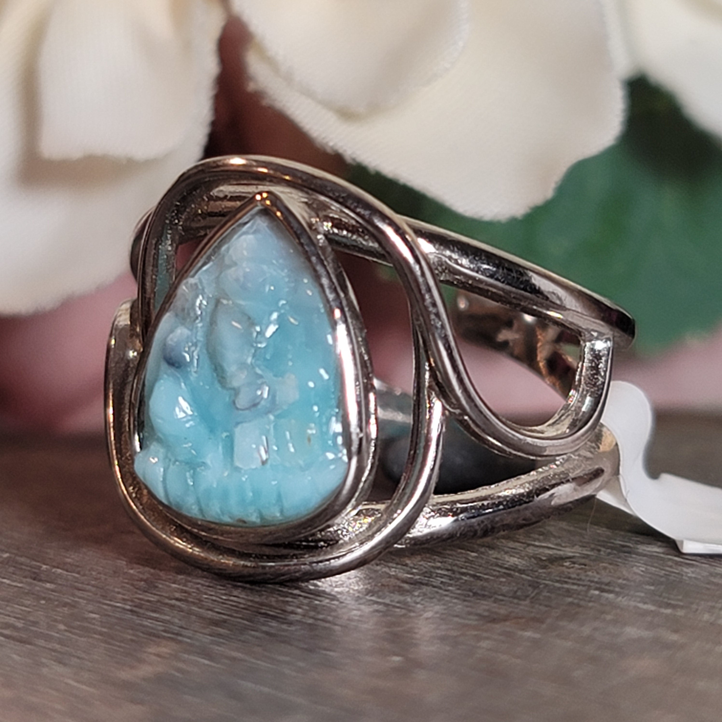 Larimar Ganesha Cuff Ring .925 Silver for Relieving high blood pressure and help calm the mind