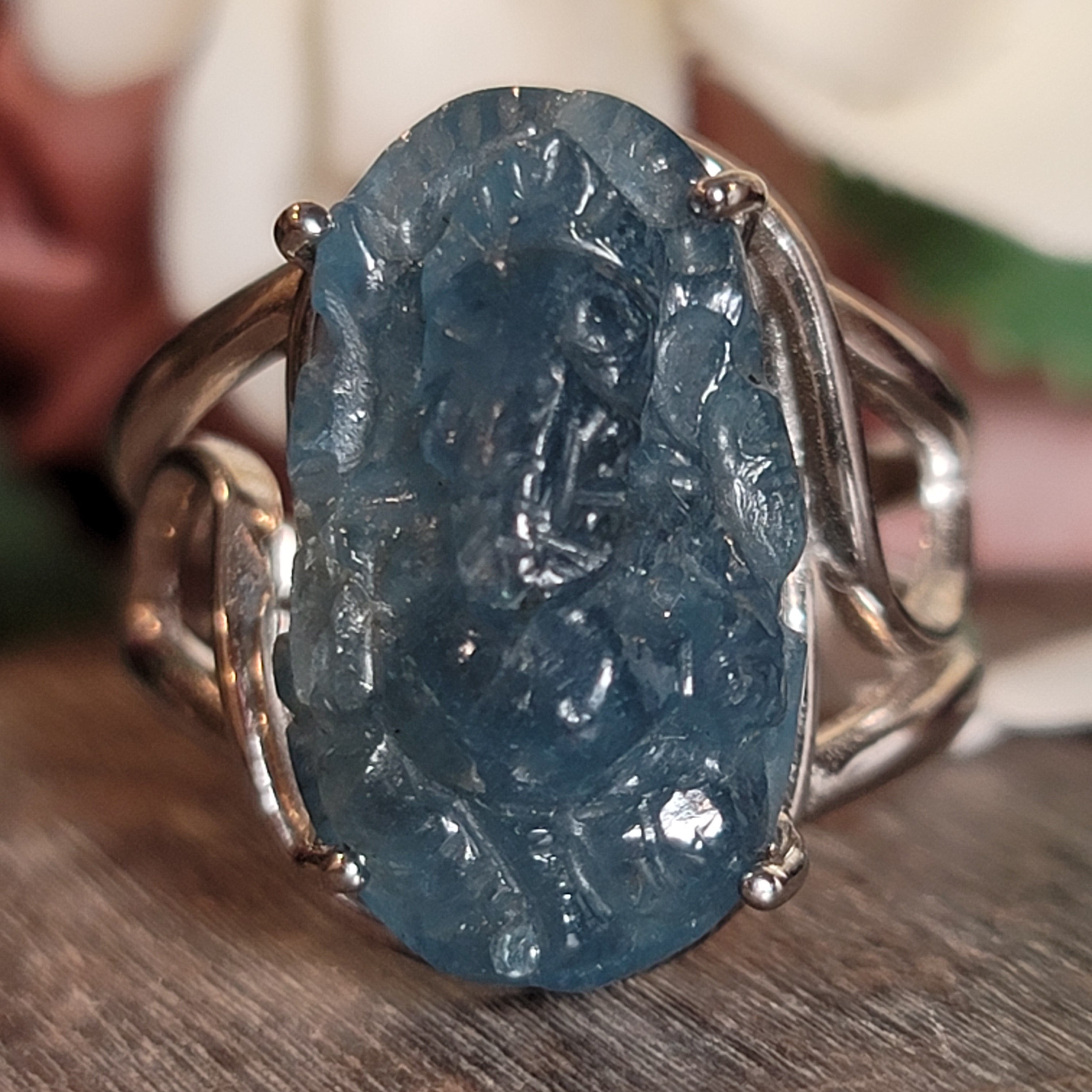 Aquamarine Ganesha .925 Silver Cuff Ring for Calm Communication