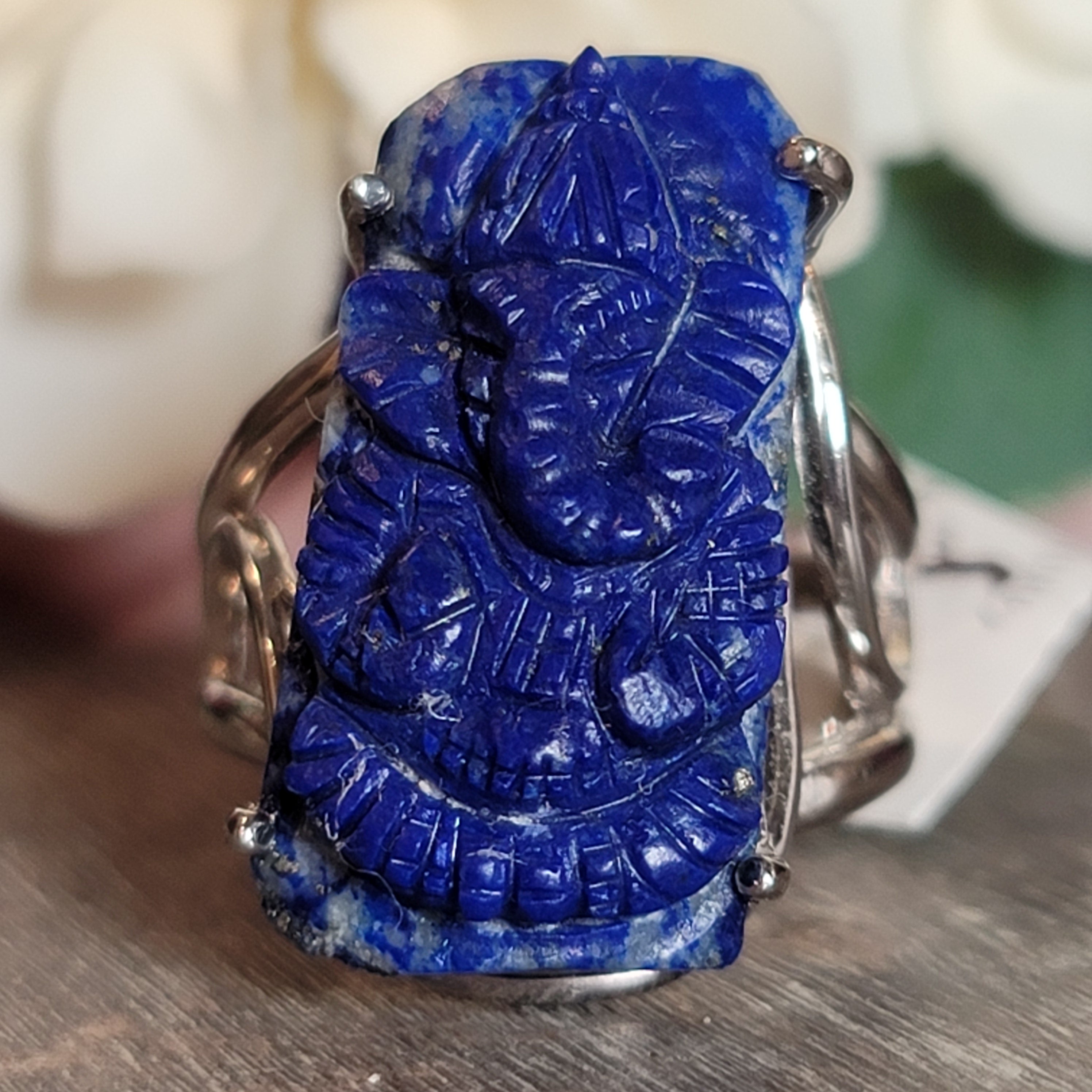 Lapis Lazuli Ganesha Cuff Ring Adjustable Ring .925 Silver for Power & Confidence