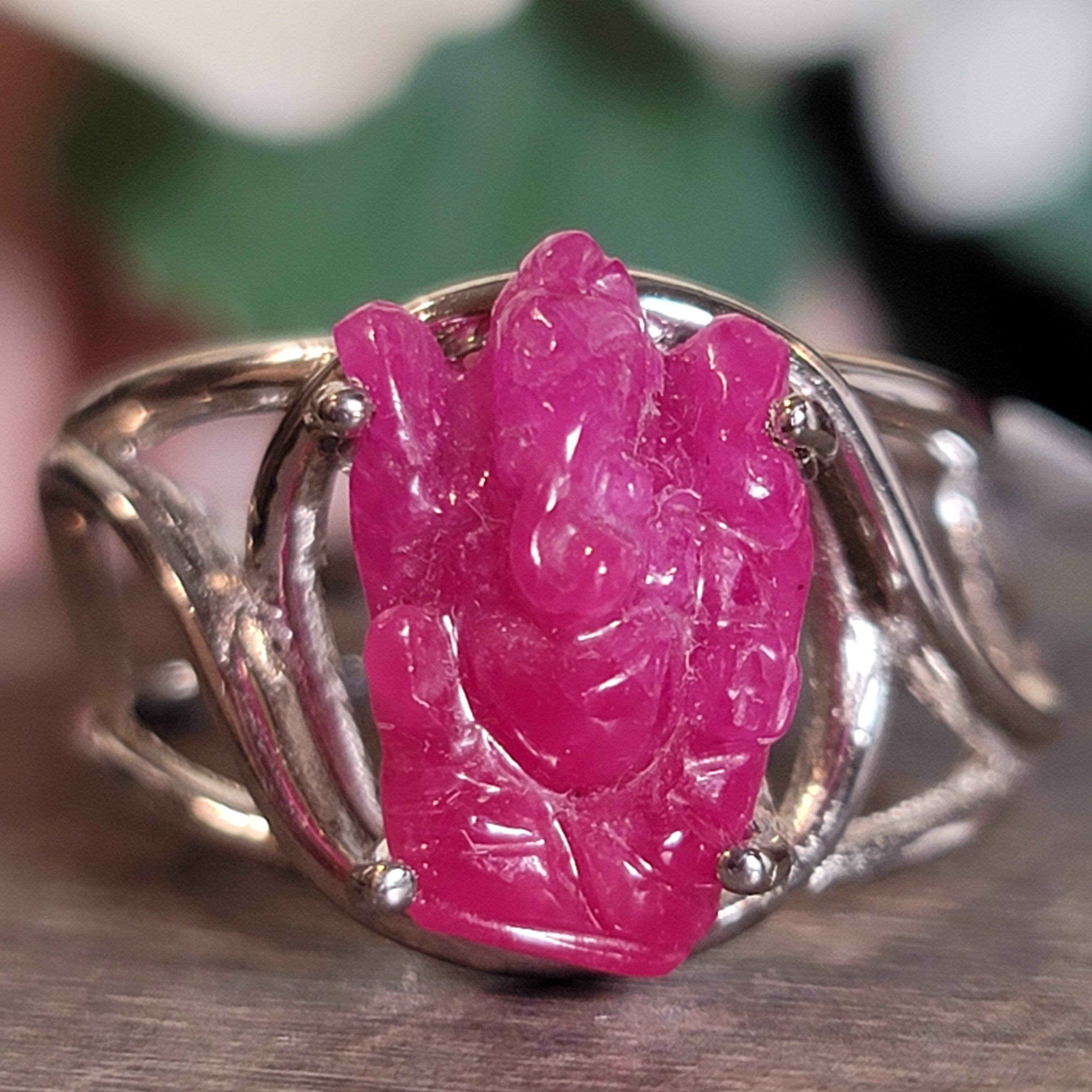 Ruby Ganesha Adjustable Cuff Ring .925 Silver for Empowerment, Love and Passion