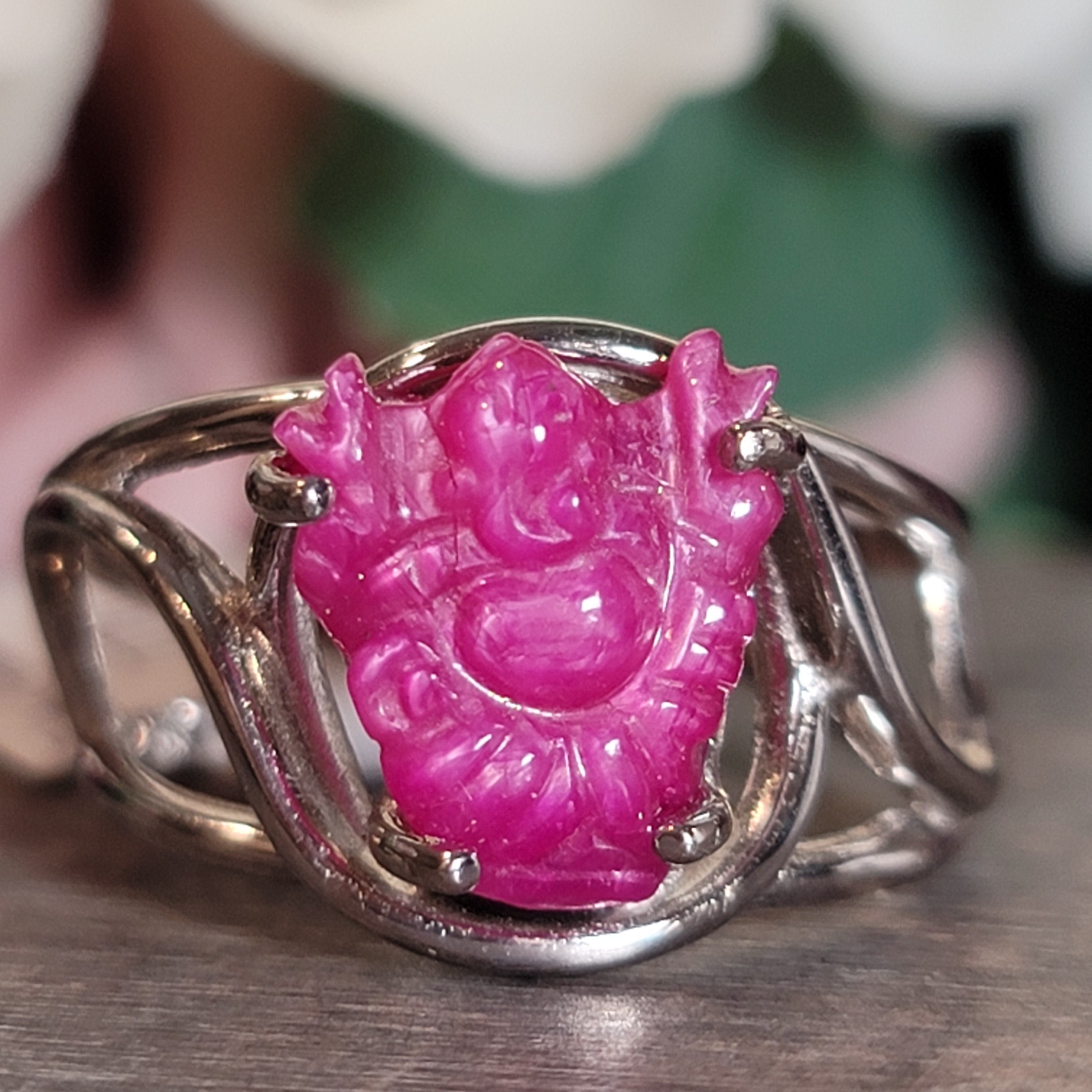 Ruby Ganesha Adjustable Cuff Ring .925 Silver for Empowerment, Love and Passion