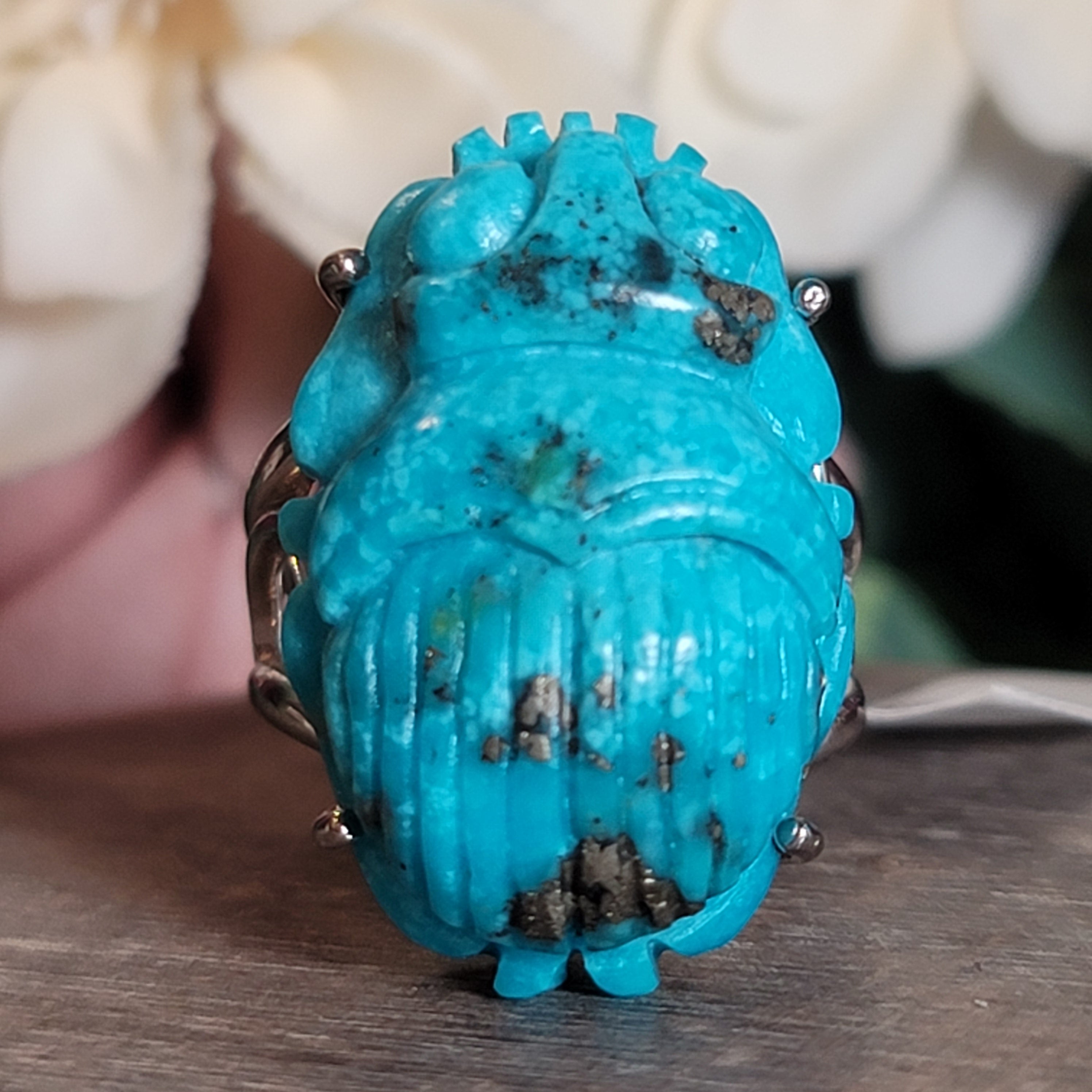 Turquoise Scarab Cuff Ring for Good Luck, Prosperity and Protection