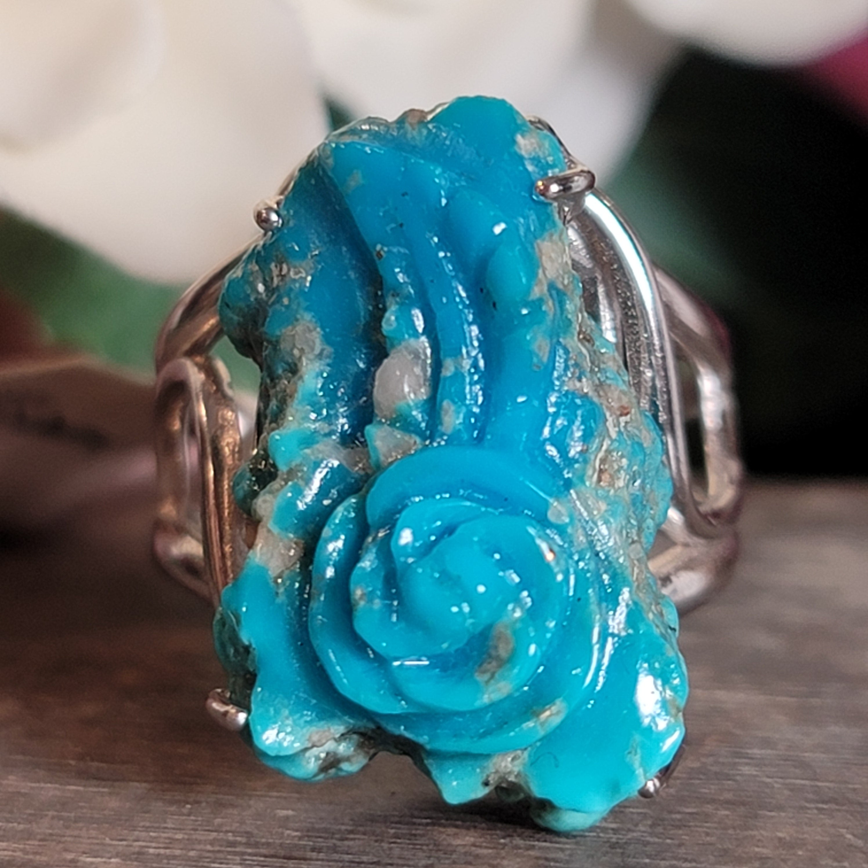 Turquoise Carved Cuff Ring for Good Luck, Prosperity and Protection