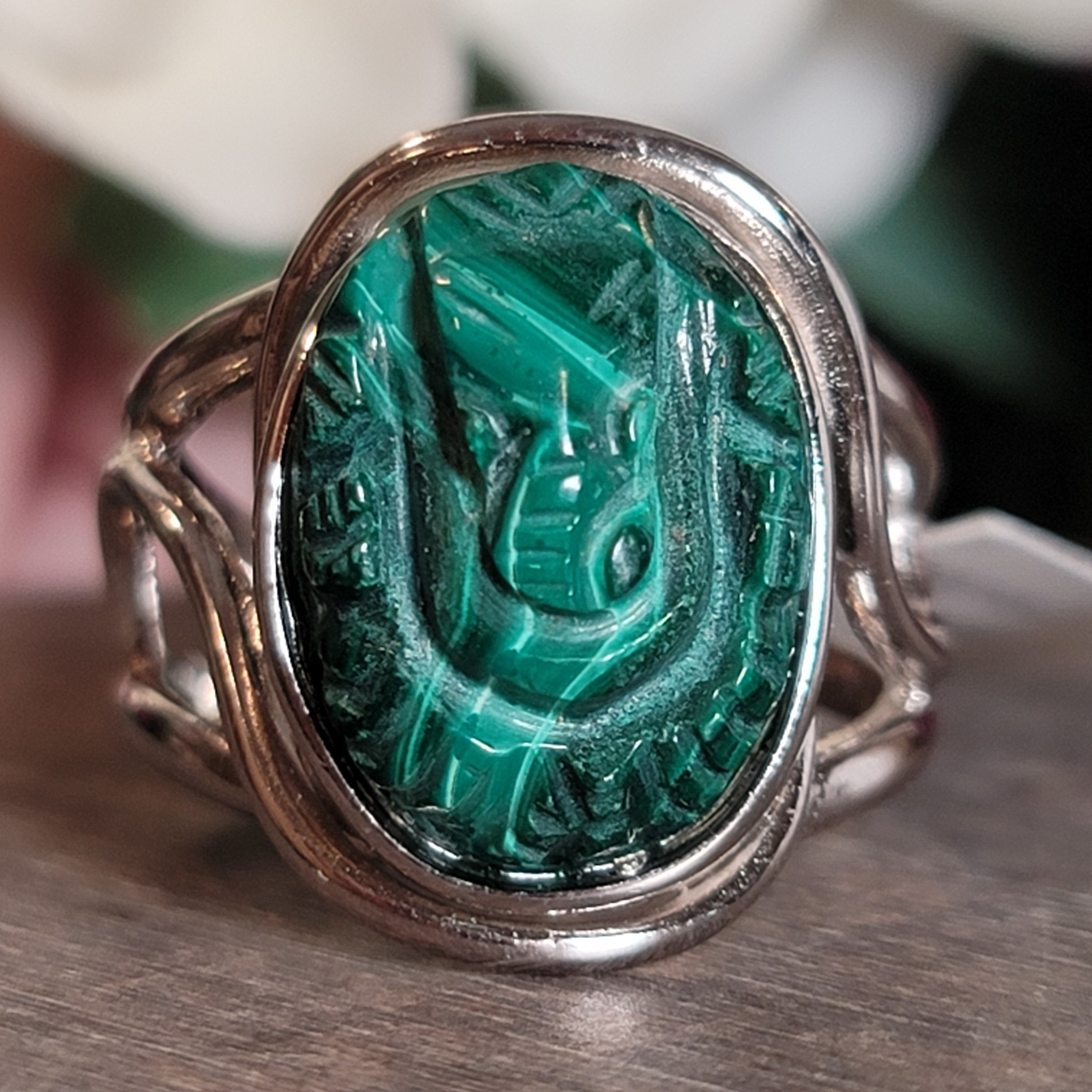 Malachite Ganesha Adjustable Cuff Ring .925 Silver for Love, Transformation and Wealth