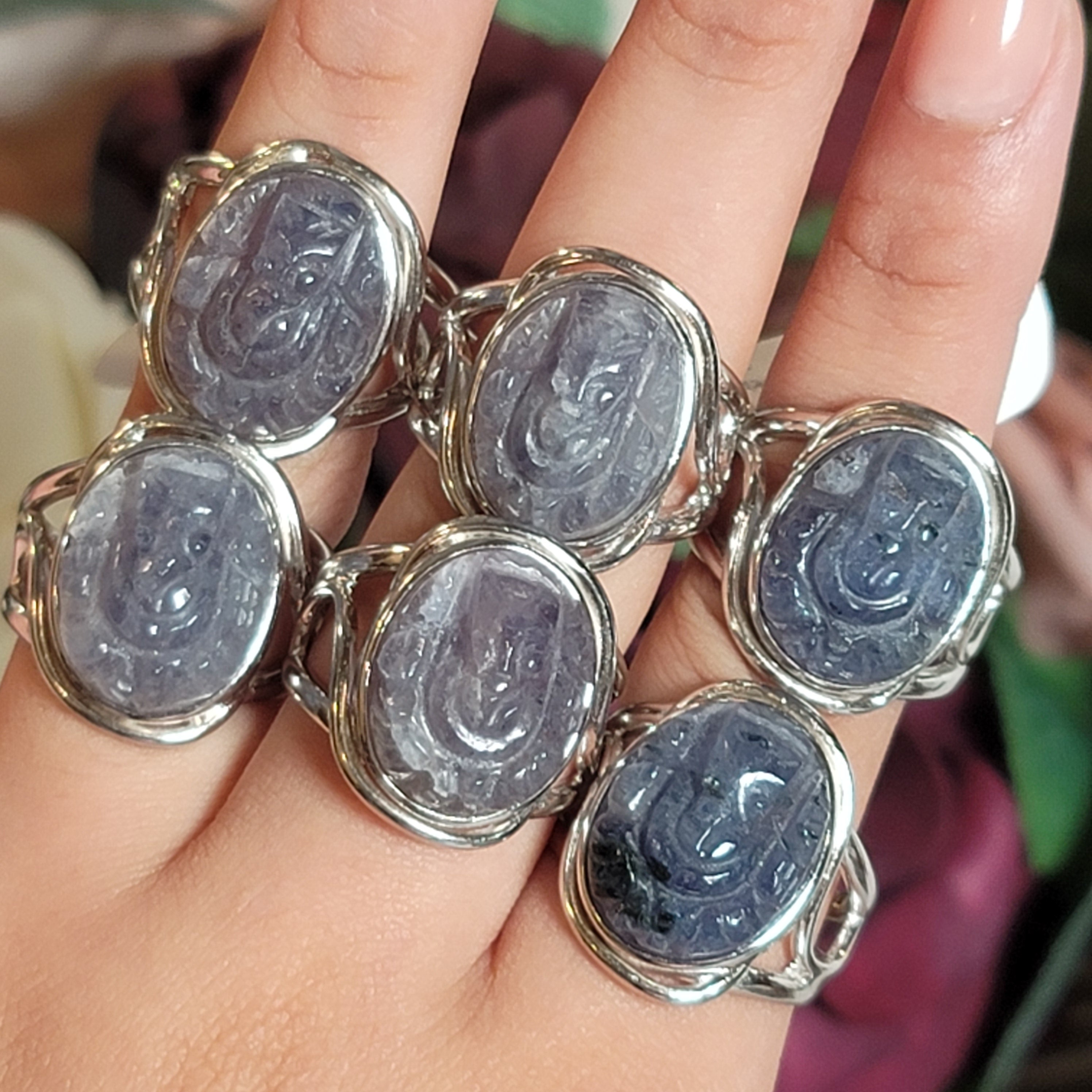 Iolite Ganesha Adjustable Cuff Ring .925 Silver for Intuition, Divination and Wisdom