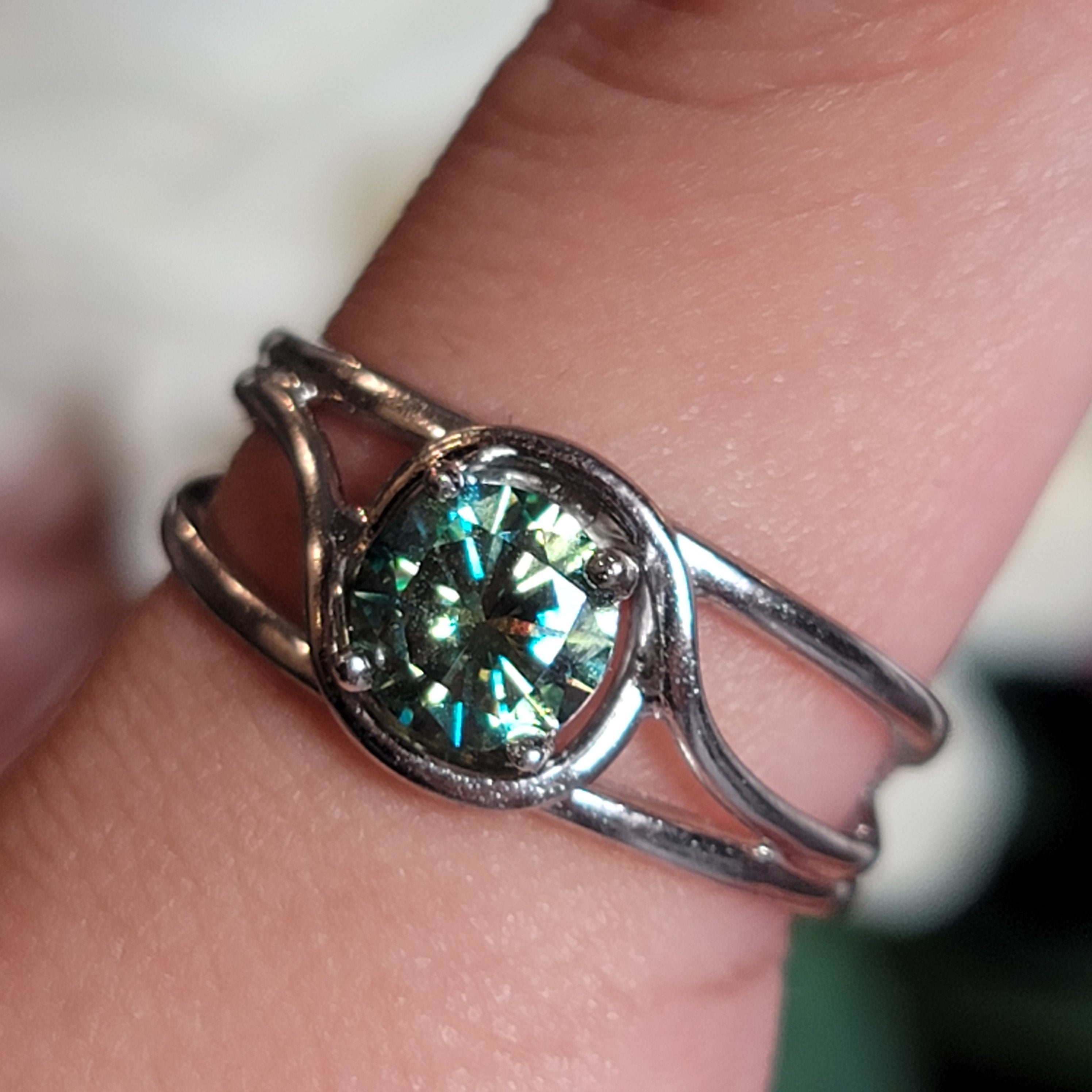 Green Moissanite Adjustable Cuff Ring .925 Silver for Enlightenment, Inner Peace & Spiritual Transformation