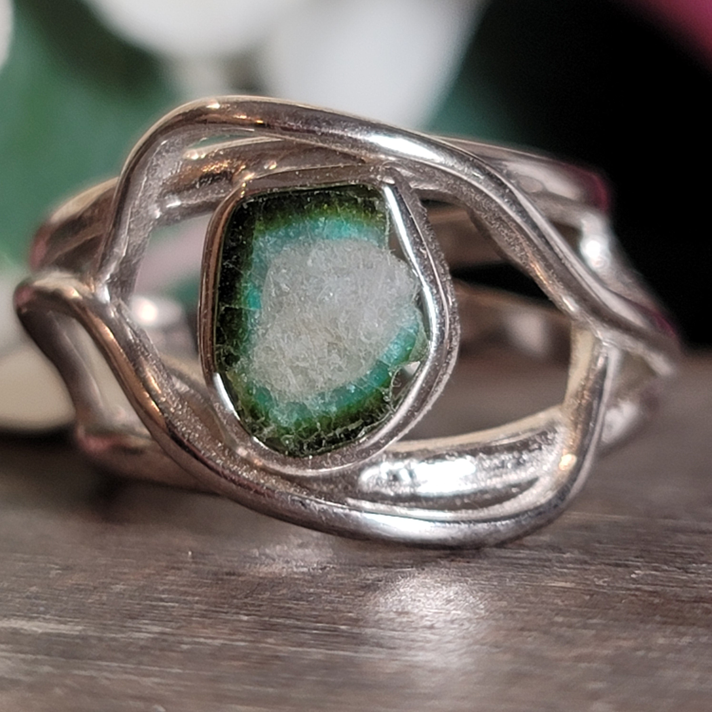 Tourmaline Adjustable Cuff Ring .925 Silver for Awareness, Communication and Meditation