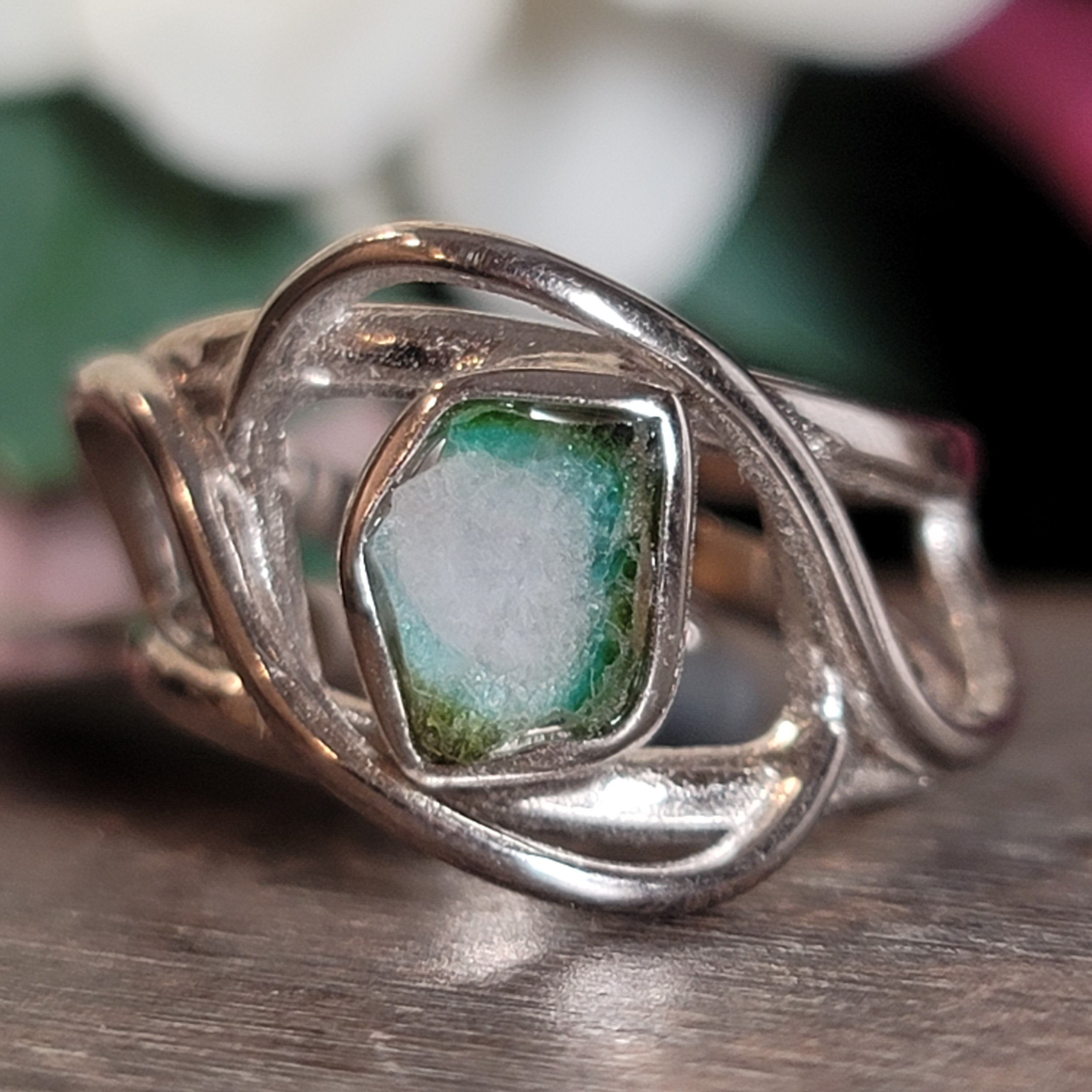 Tourmaline Adjustable Cuff Ring .925 Silver for Awareness, Communication and Meditation