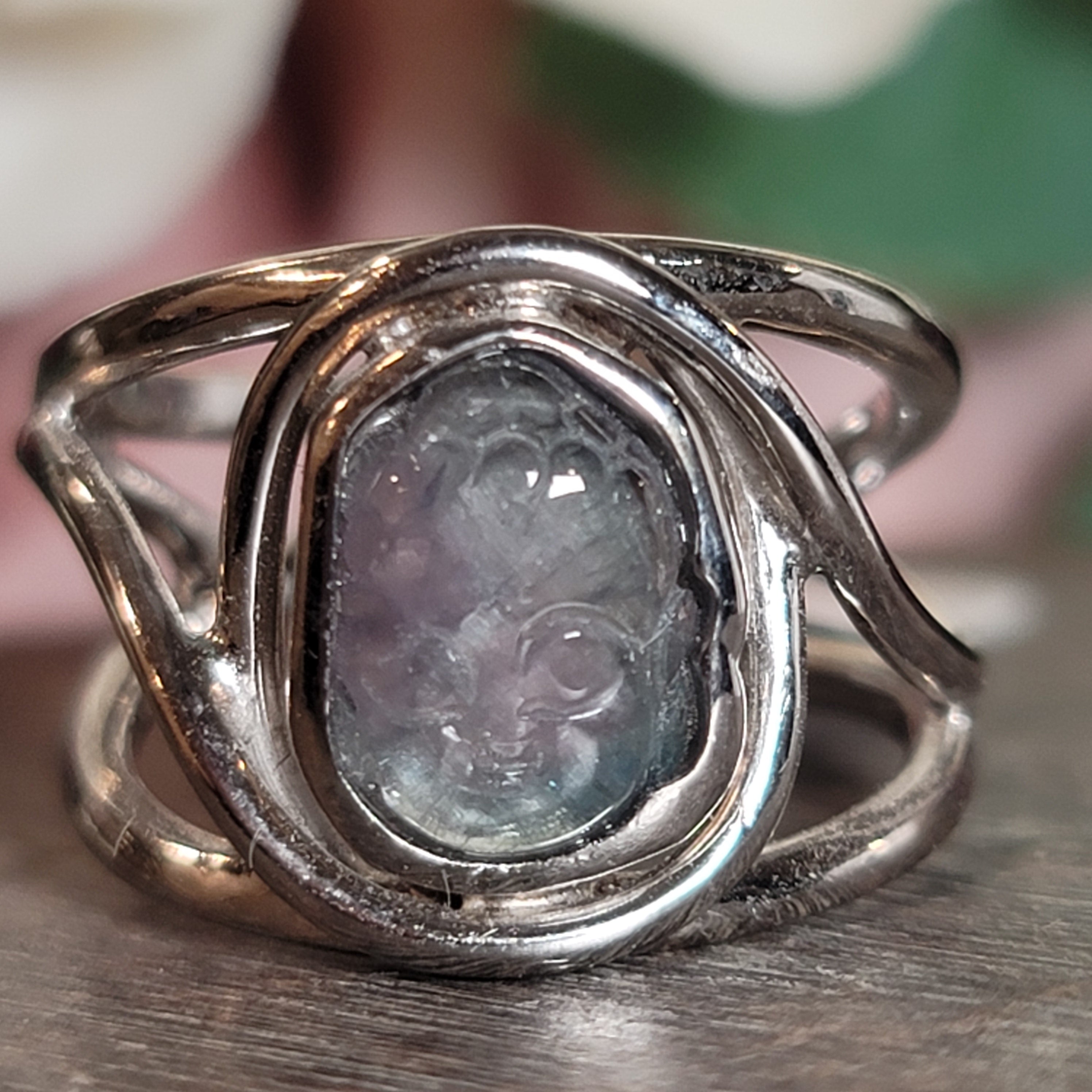 Tourmaline Buddha Adjustable Cuff Ring .925 Silver for Awareness, Communication and Meditation