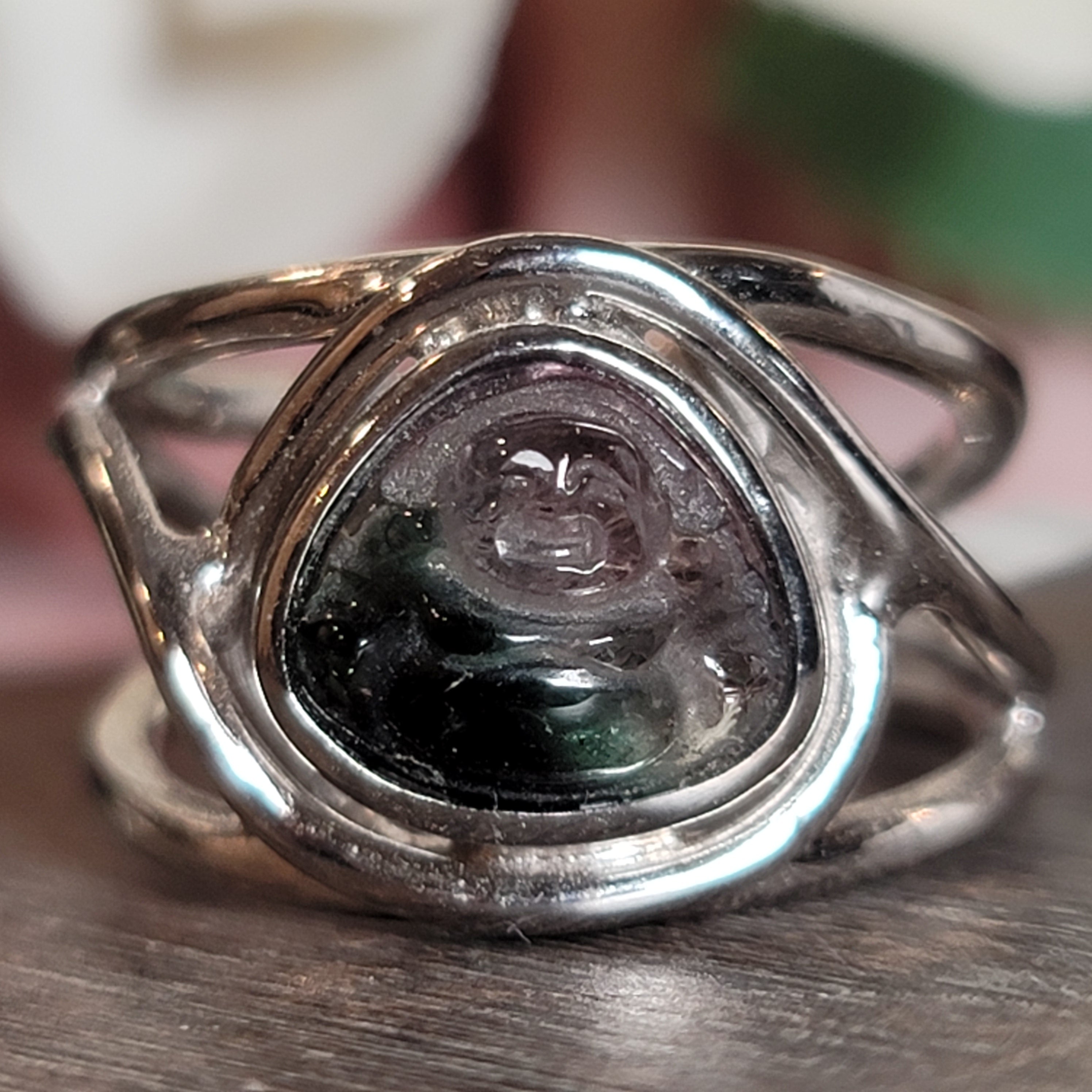 Tourmaline Buddha Adjustable Cuff Ring .925 Silver for Awareness, Communication and Meditation