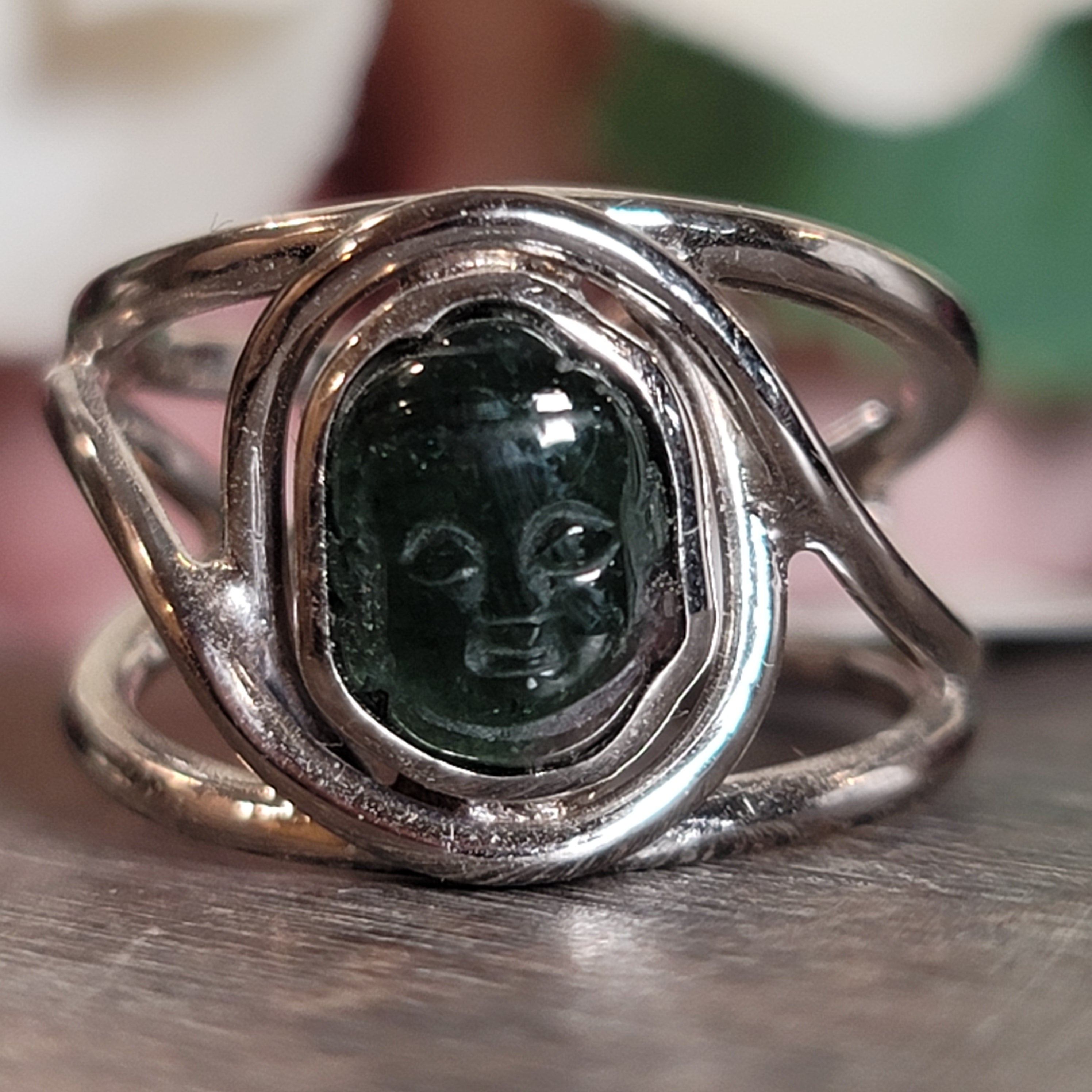 Tourmaline Buddha Adjustable Cuff Ring .925 Silver for Awareness, Communication and Meditation