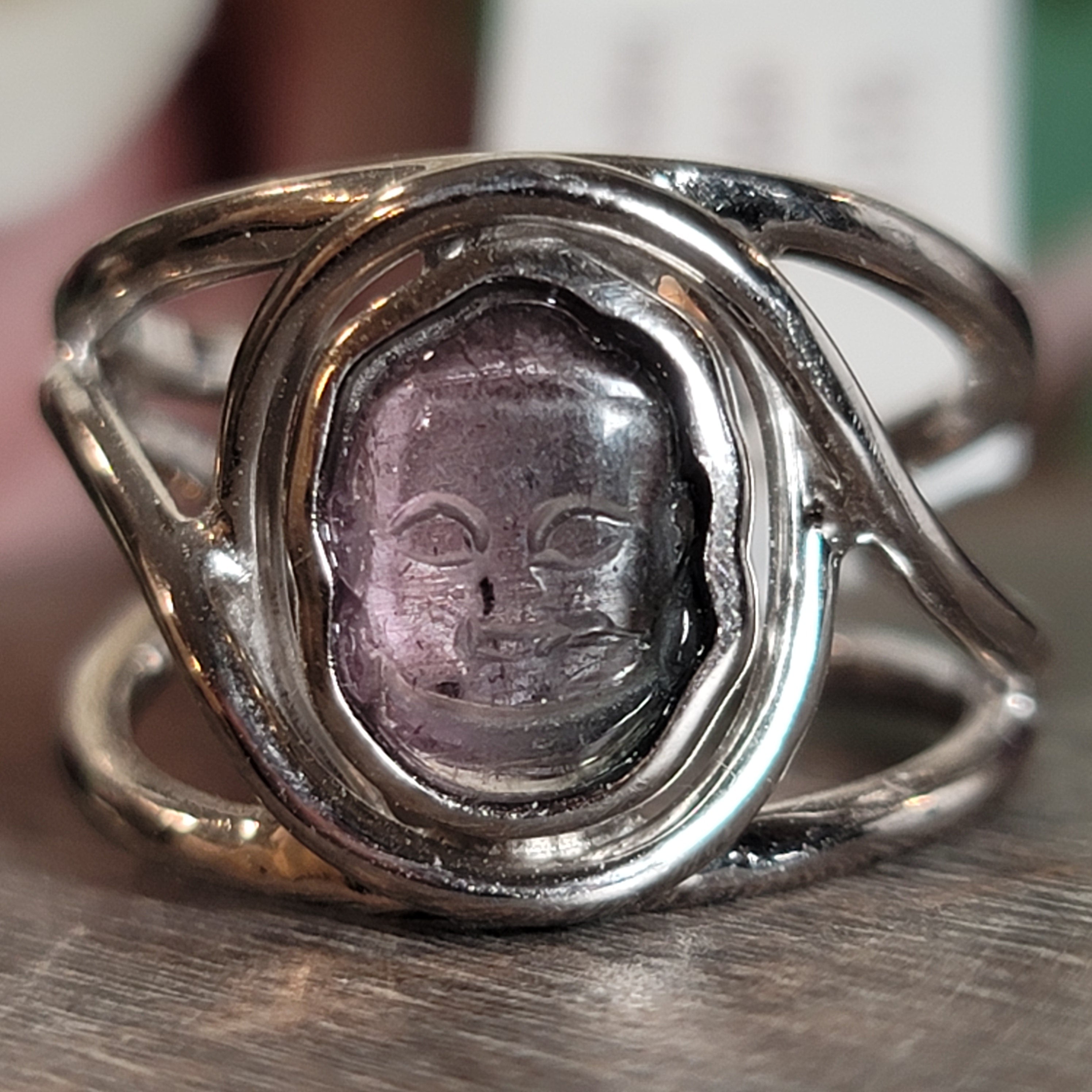 Tourmaline Buddha Adjustable Cuff Ring .925 Silver for Awareness, Communication and Meditation