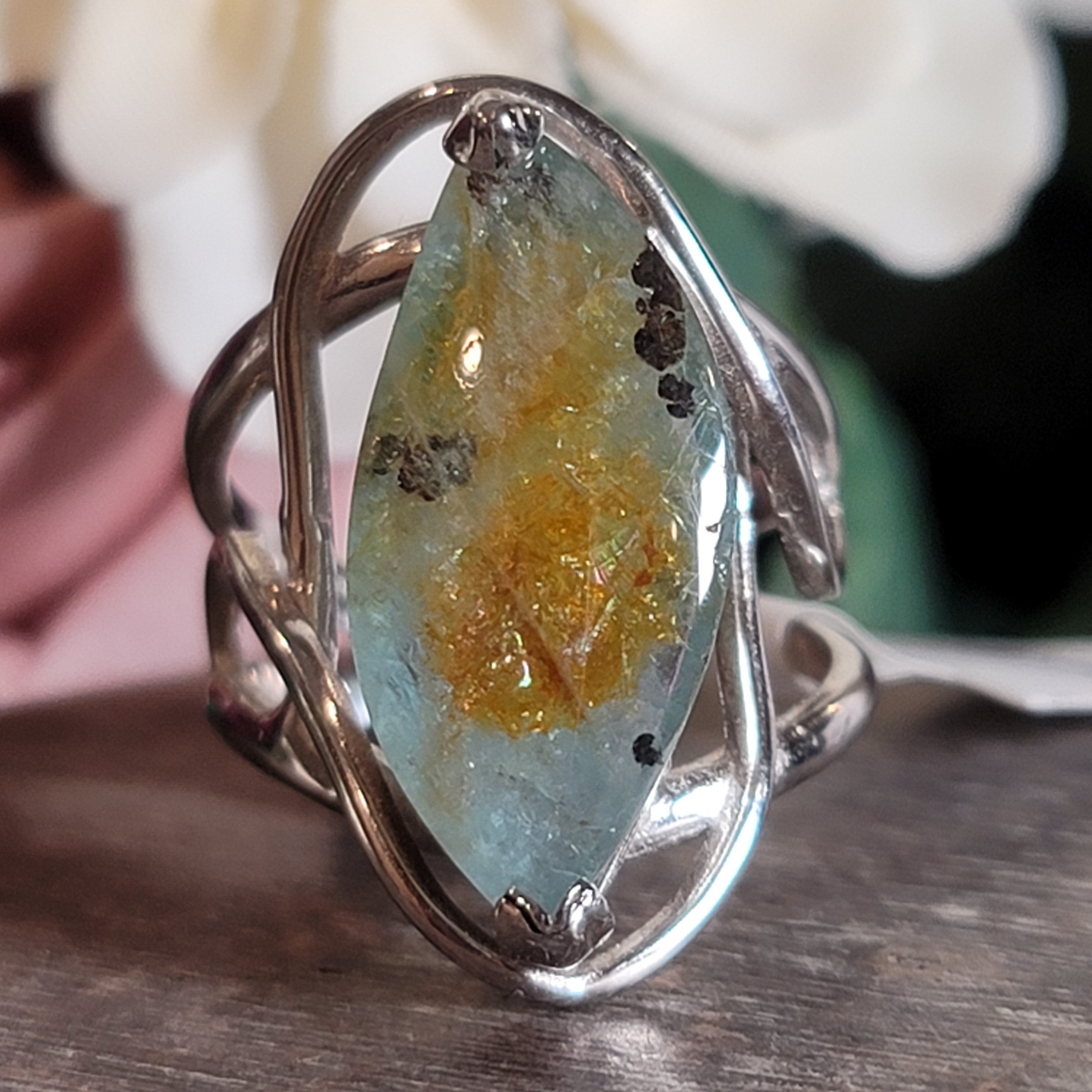 Dendritic Aquamarine with Lemonite .925 Silver Adjustable Ring Cuff