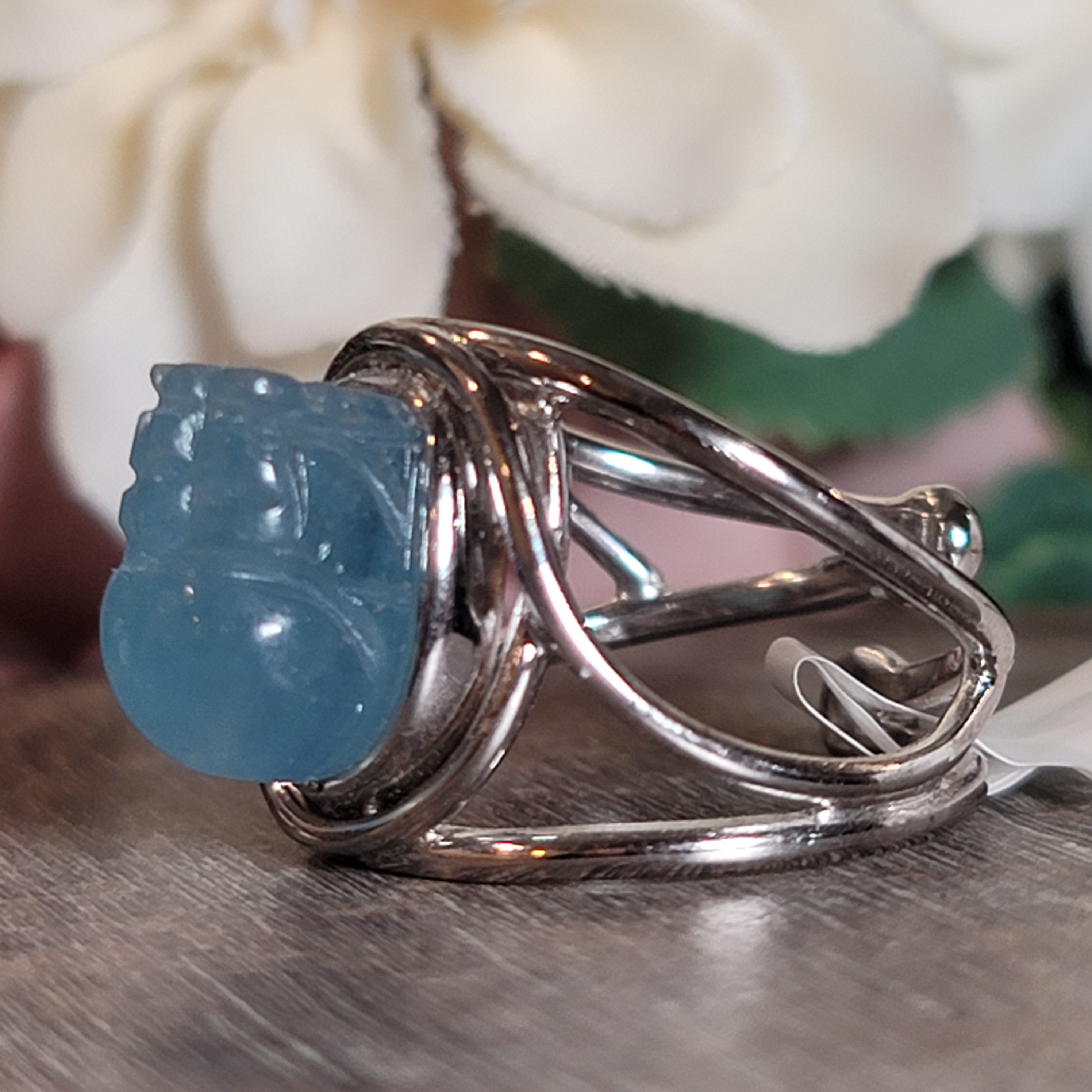 Aquamarine Pixchu .925 Silver Adjustable Cuff Ring for Calm Communication