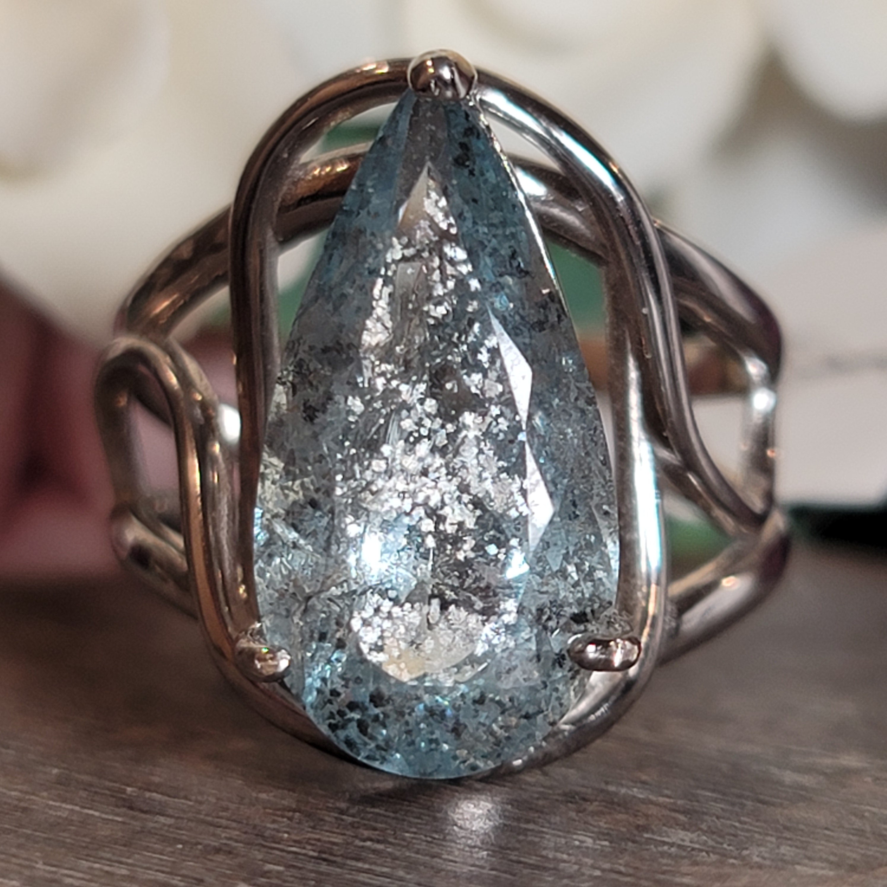 Rutilated Aquamarine with Copper .925 Silver Adjustable Cuff Ring for Calm Communication