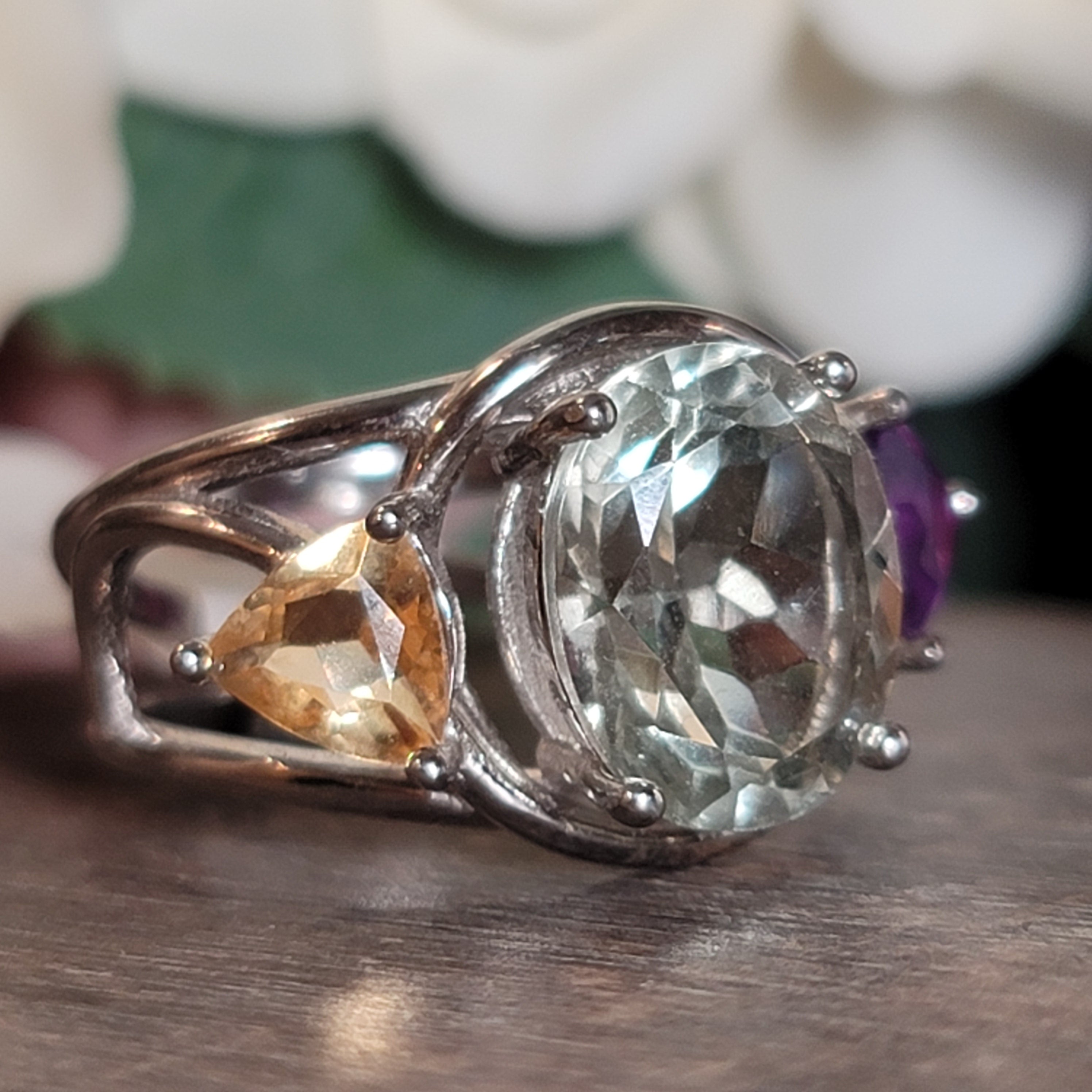 Praisolite, Amethyst & Citrine Adjustable Cuff Ring .925 Silver for Love, Prosperity and Success