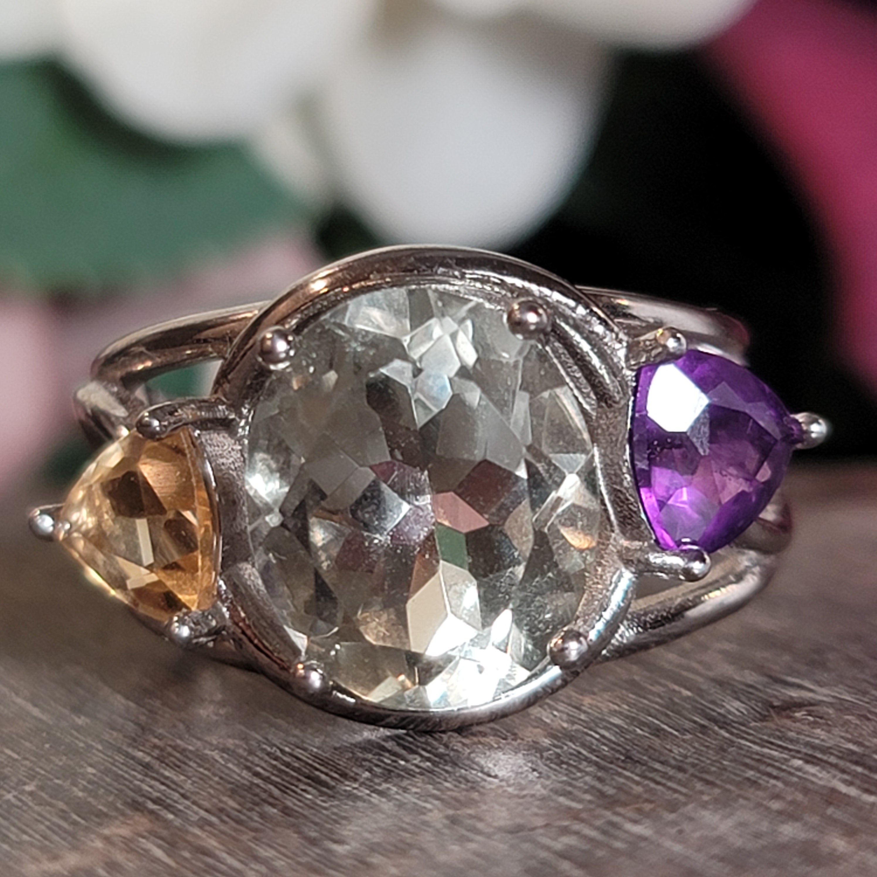 Praisolite, Amethyst & Citrine Adjustable Cuff Ring .925 Silver for Love, Prosperity and Success