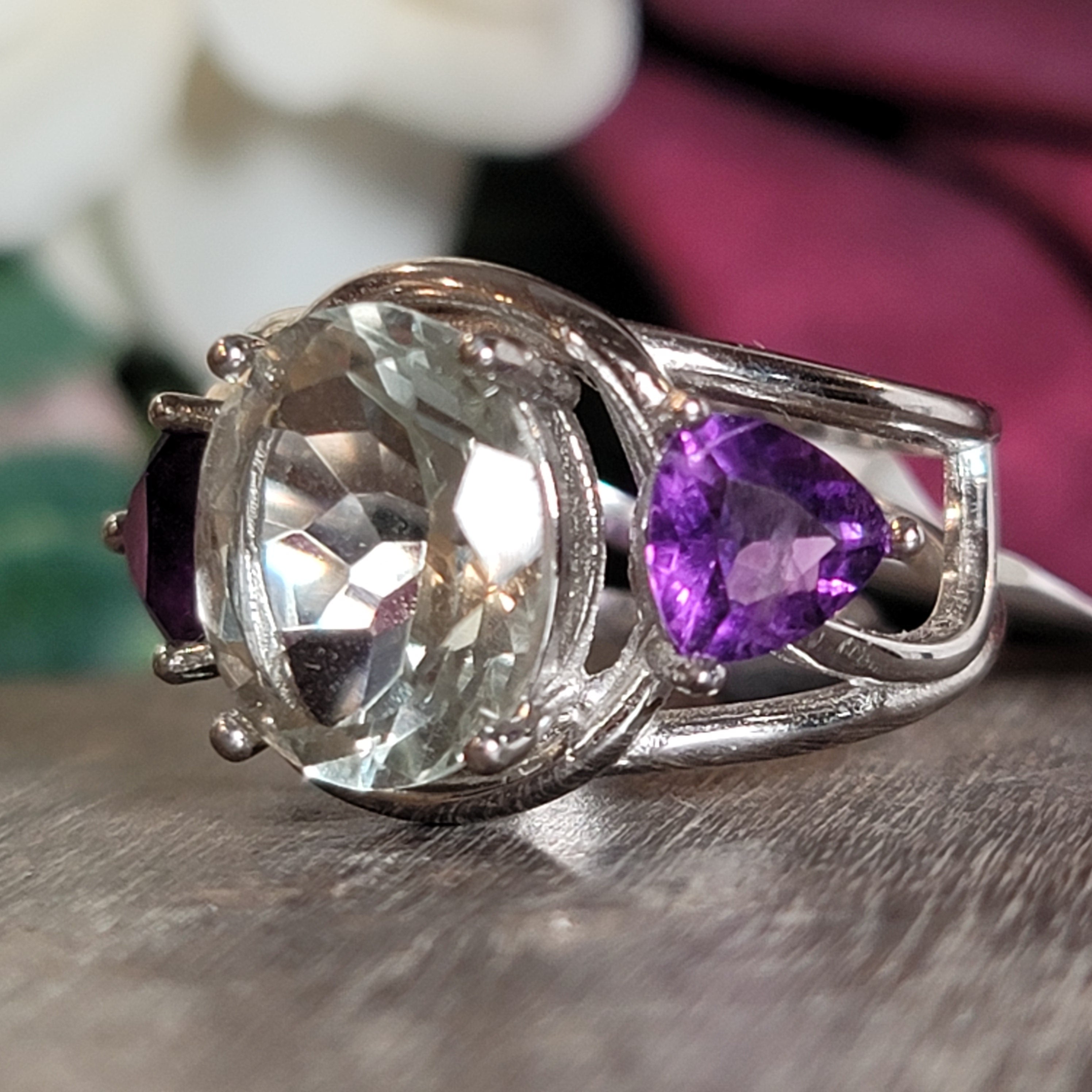 Praisolite & Amethyst Cuff Ring .925 Silver for Love, Prosperity and Success