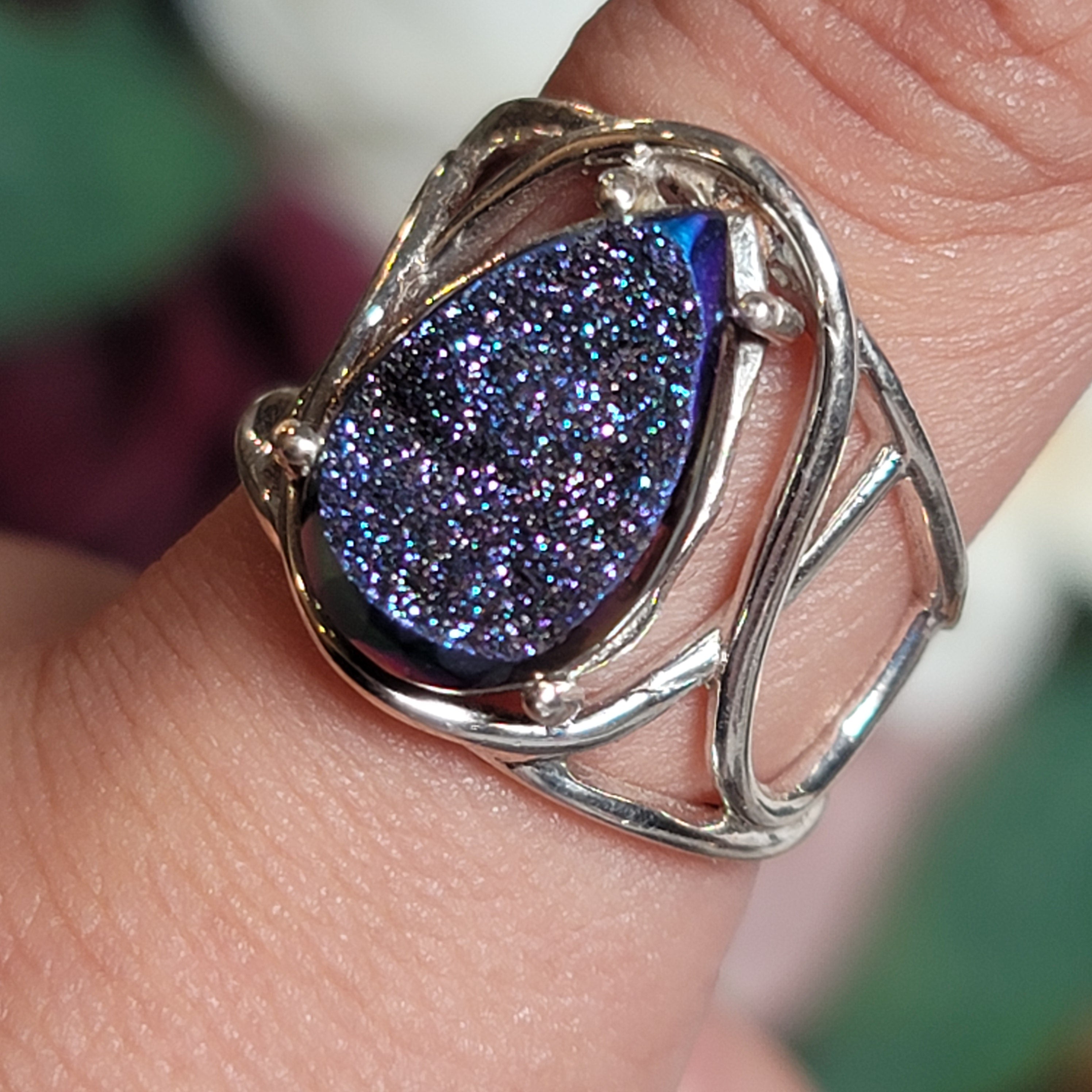 Titanium Aura Druzy Cuff Ring .925 Silver for Connection with Angels and Spirit Guides