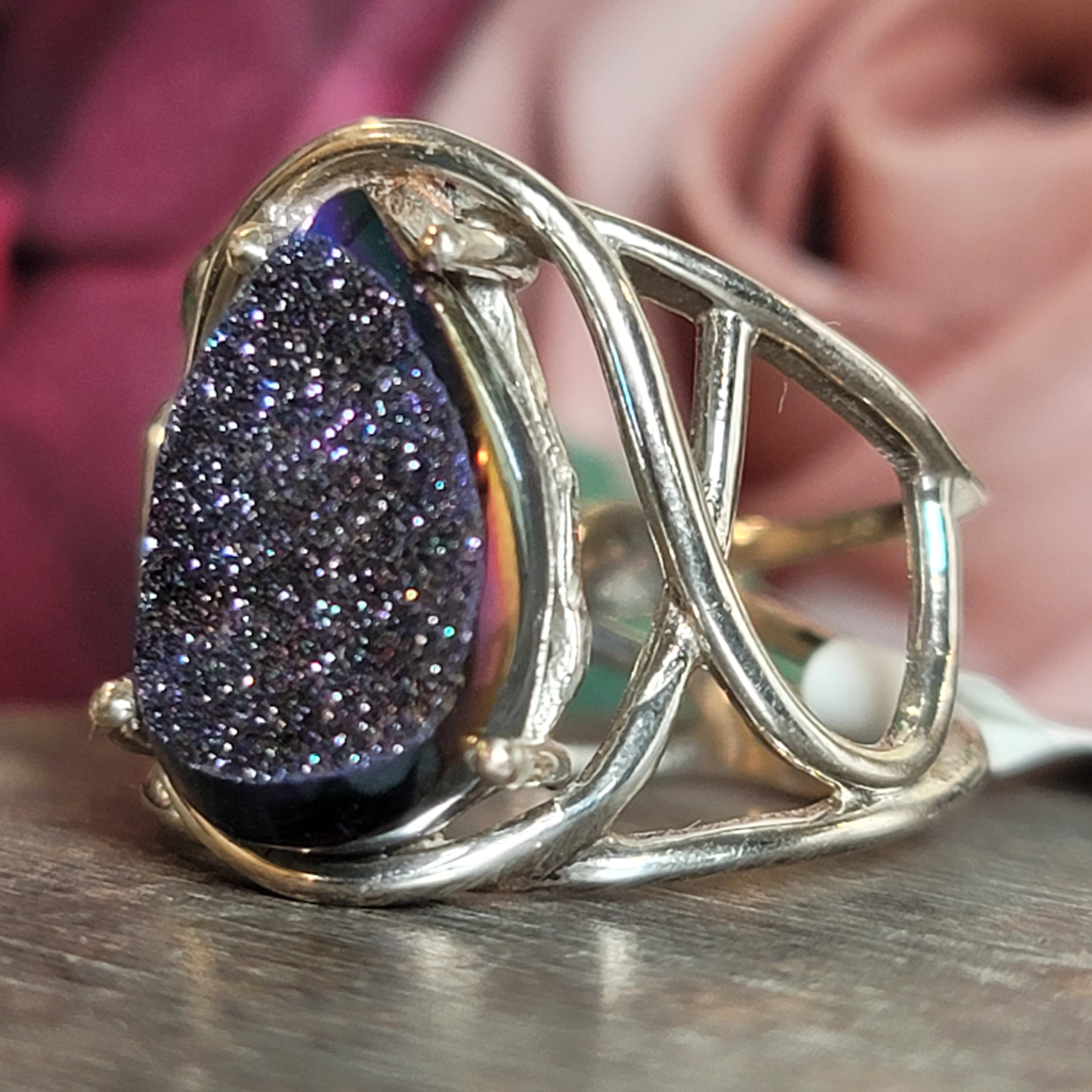 Titanium Aura Druzy Cuff Ring .925 Silver for Connection with Angels and Spirit Guides