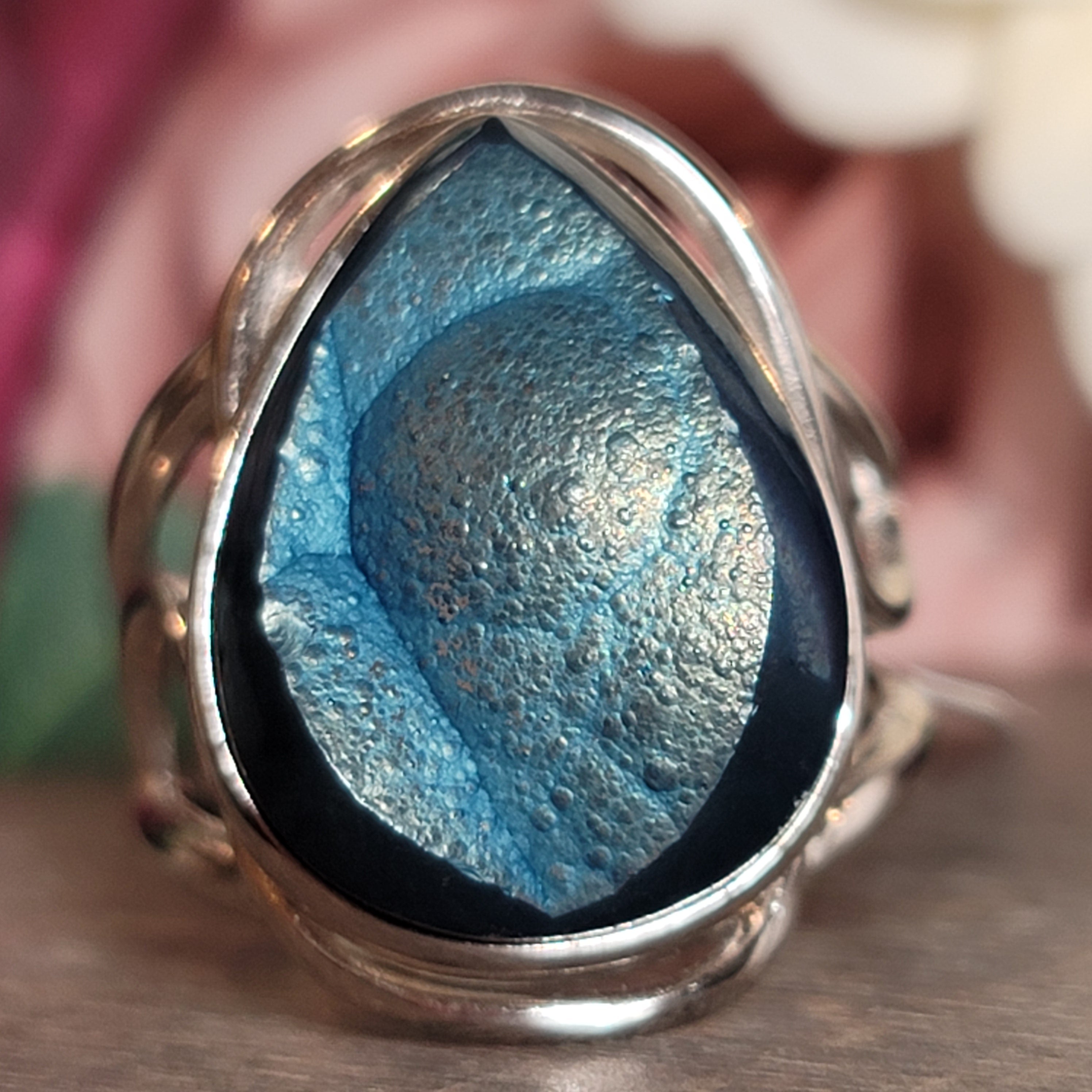 Aura Botryoidal Chalcedony Cuff Ring .925 Silver for Connection with Angels and Spirit Guides