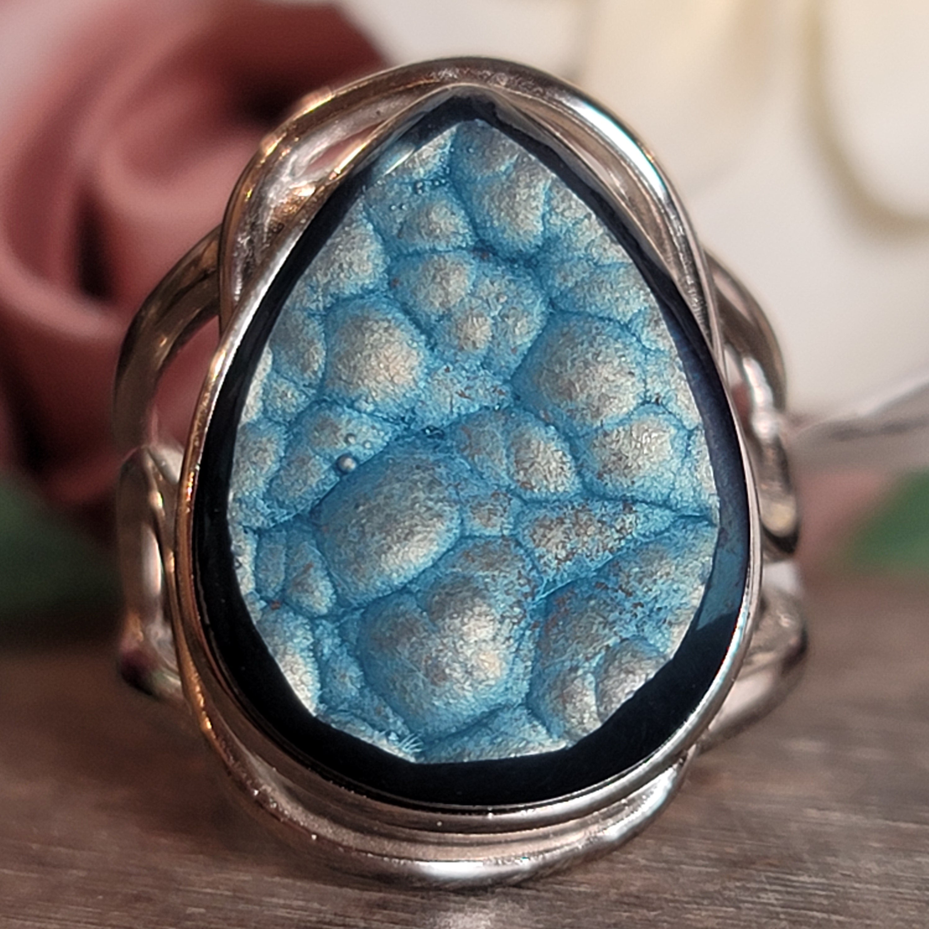 Aura Botryoidal Chalcedony Cuff Ring .925 Silver for Connection with Angels and Spirit Guides