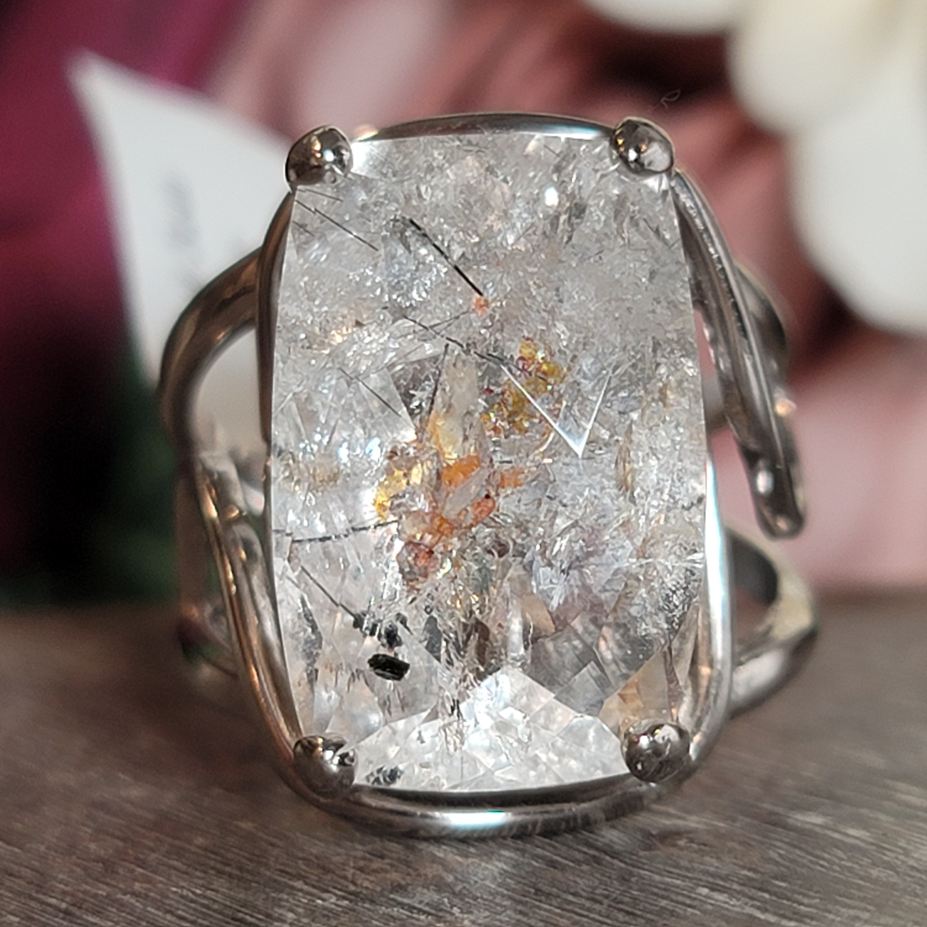 Rutile Biotite Mica in Quartz Adjustable Cuff Ring.925 Silver for Clarity, Energy and Organization