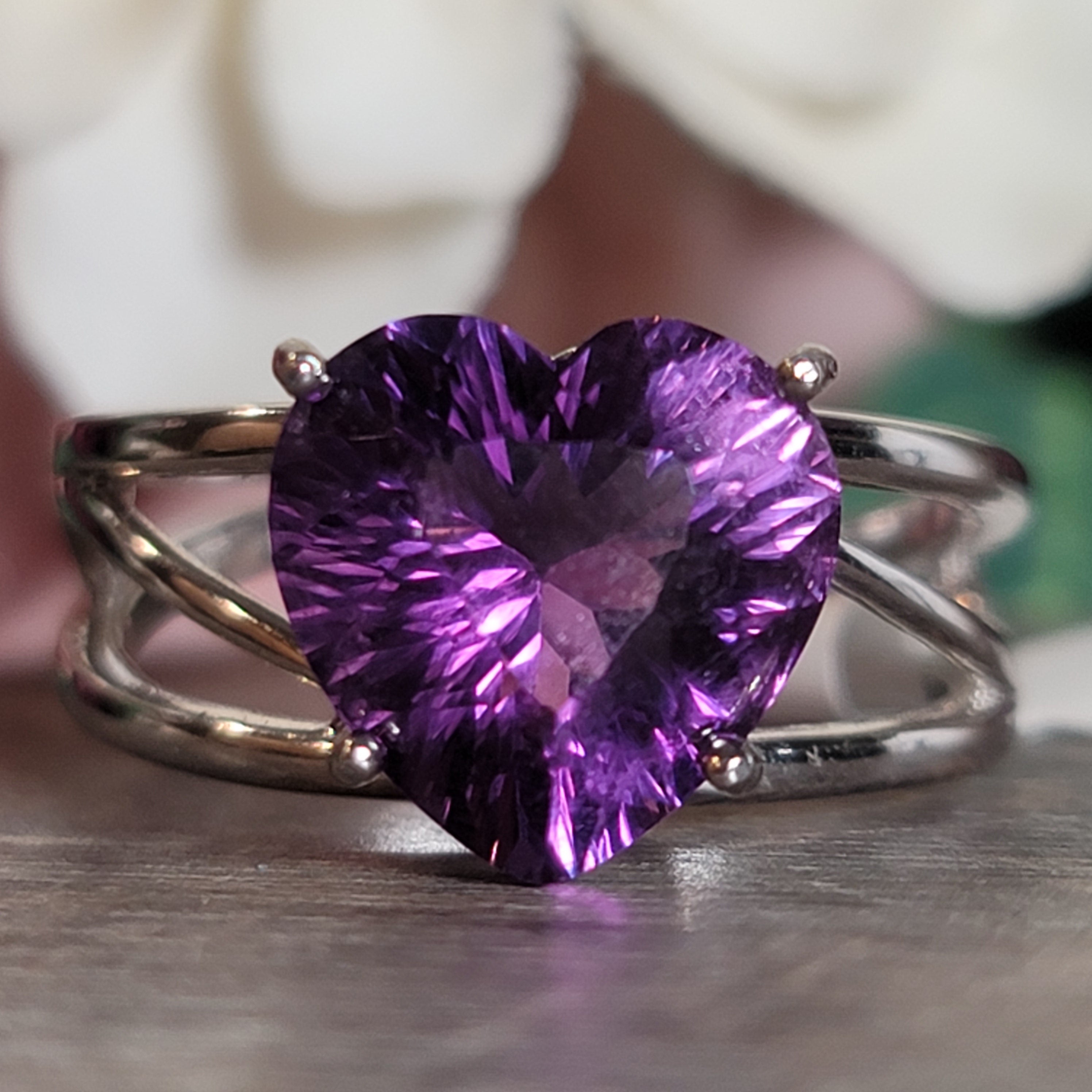 Amethyst Heart Cuff Ring .925 Silver for Enhancing Intuition & Connection with Divine