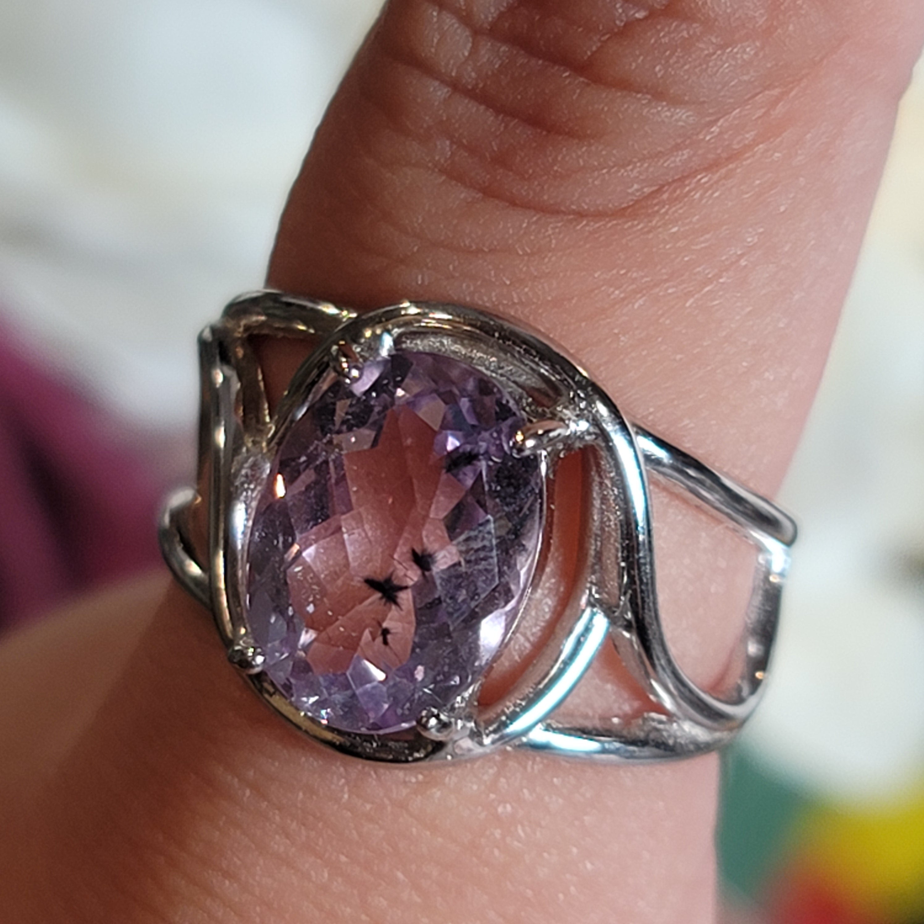 Pastel Amethyst Hollandite Finger Cuff Adjustable Ring .925 Silver for Intuition and Protection